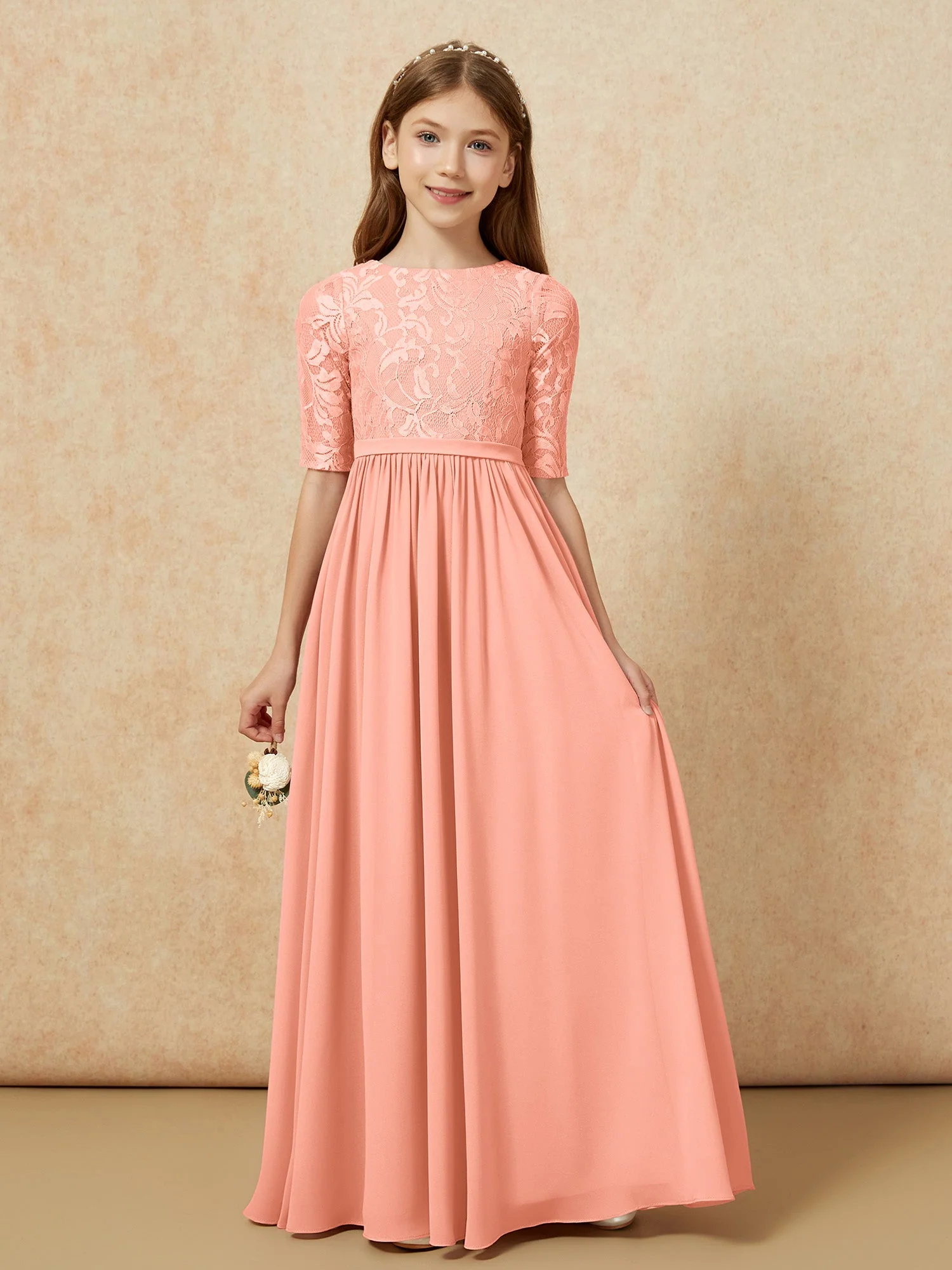 Halbarm Spitzen Oberteil Chiffon Junge Brautjungfernkleider Papaya