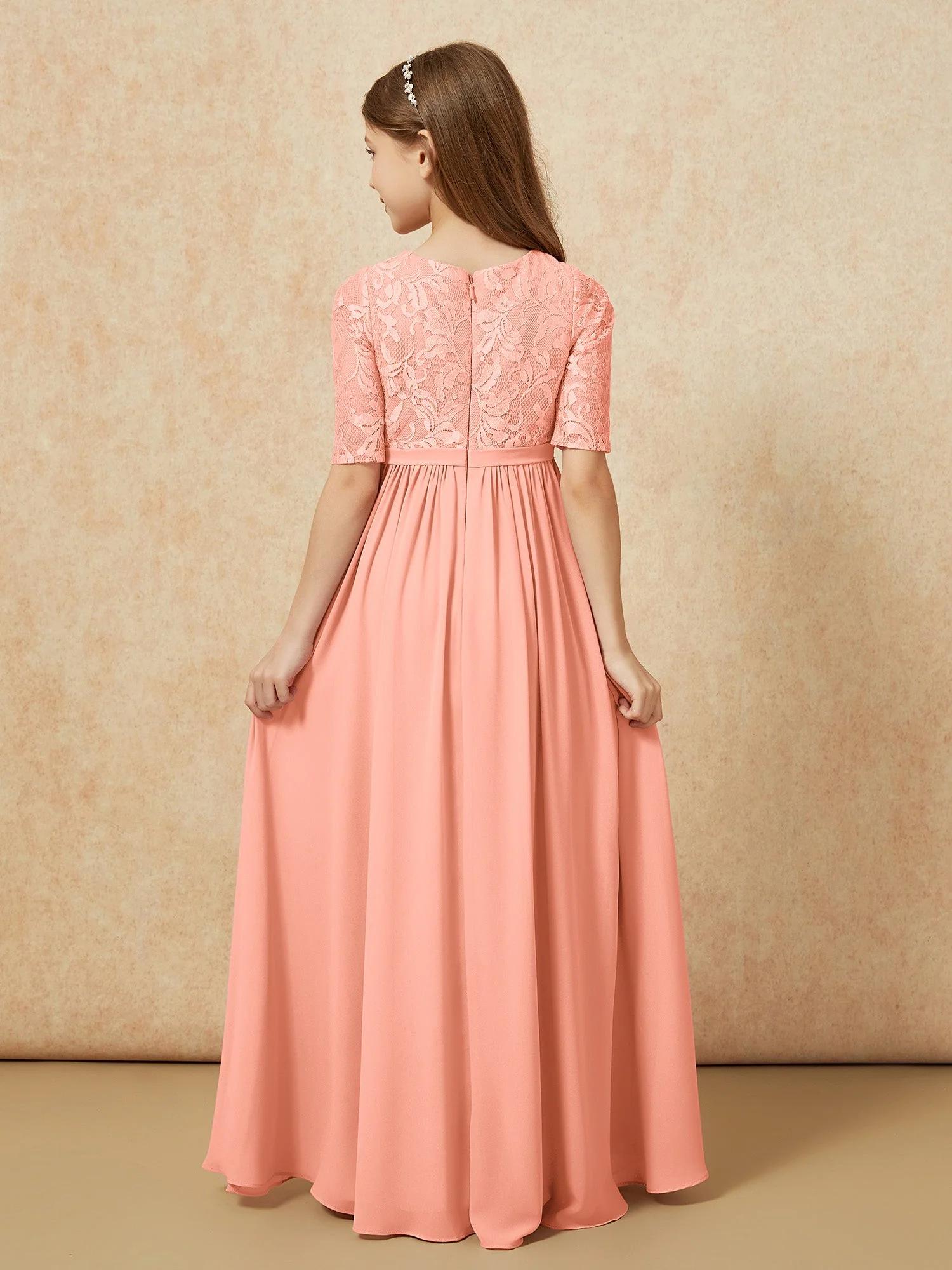 Halbarm Spitzen Oberteil Chiffon Junge Brautjungfernkleider Papaya - Image 2