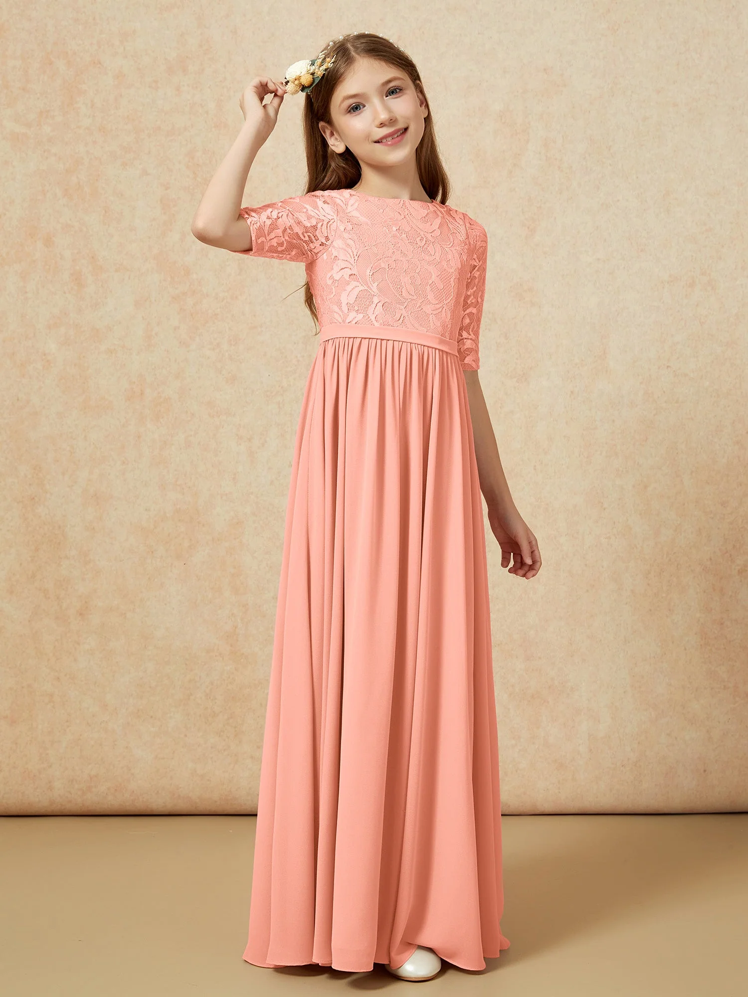 Halbarm Spitzen Oberteil Chiffon Junge Brautjungfernkleider Papaya - Image 3