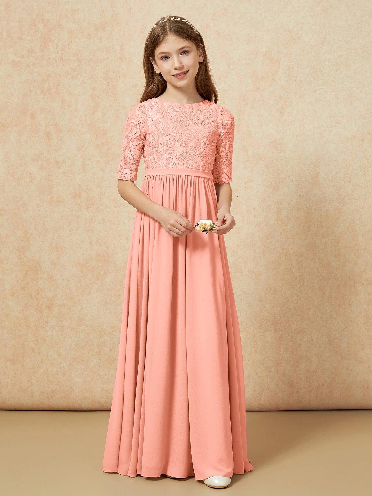 Halbarm Spitzen Oberteil Chiffon Junge Brautjungfernkleider Papaya - Image 4
