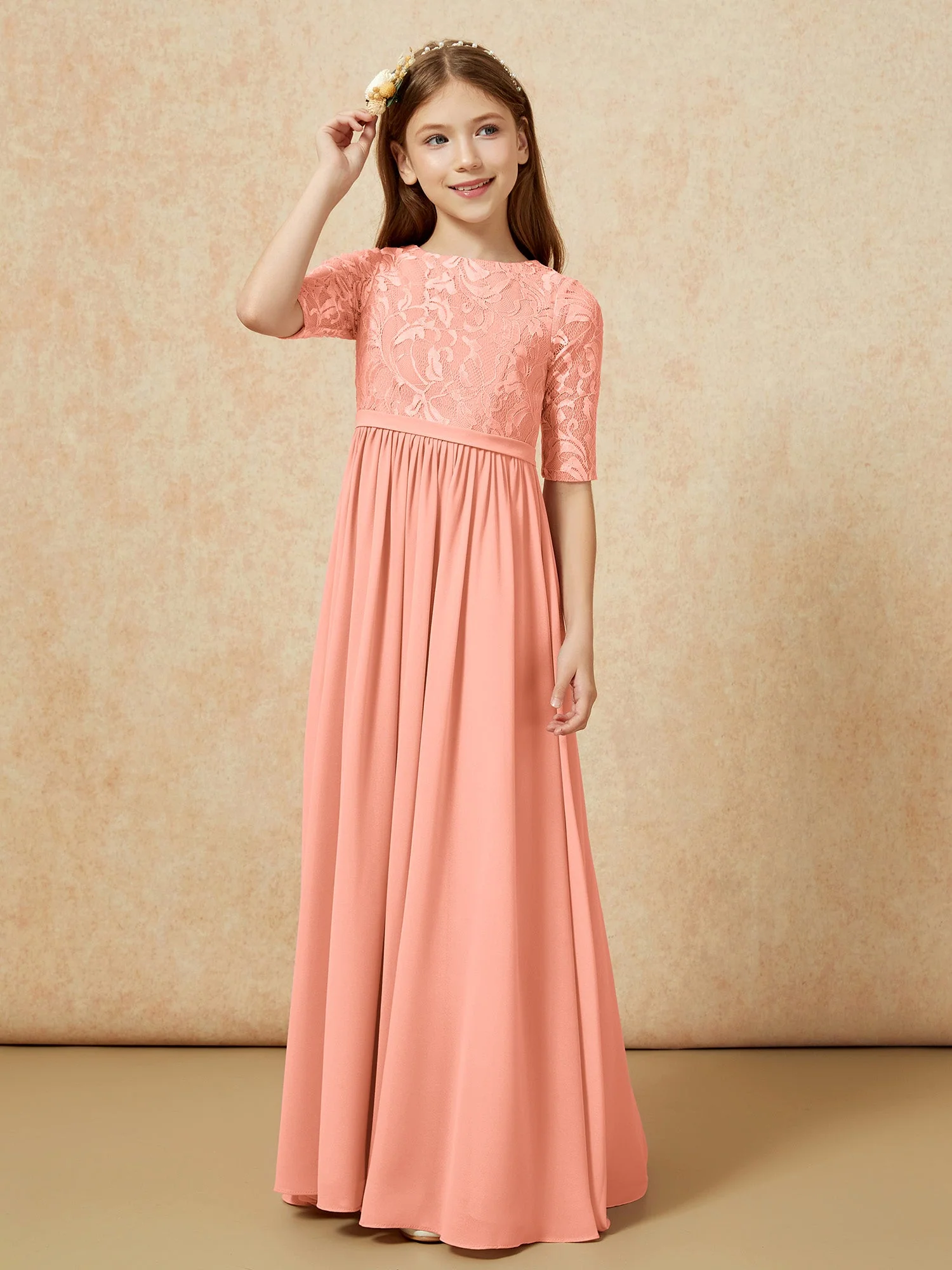 Halbarm Spitzen Oberteil Chiffon Junge Brautjungfernkleider Papaya - Image 5