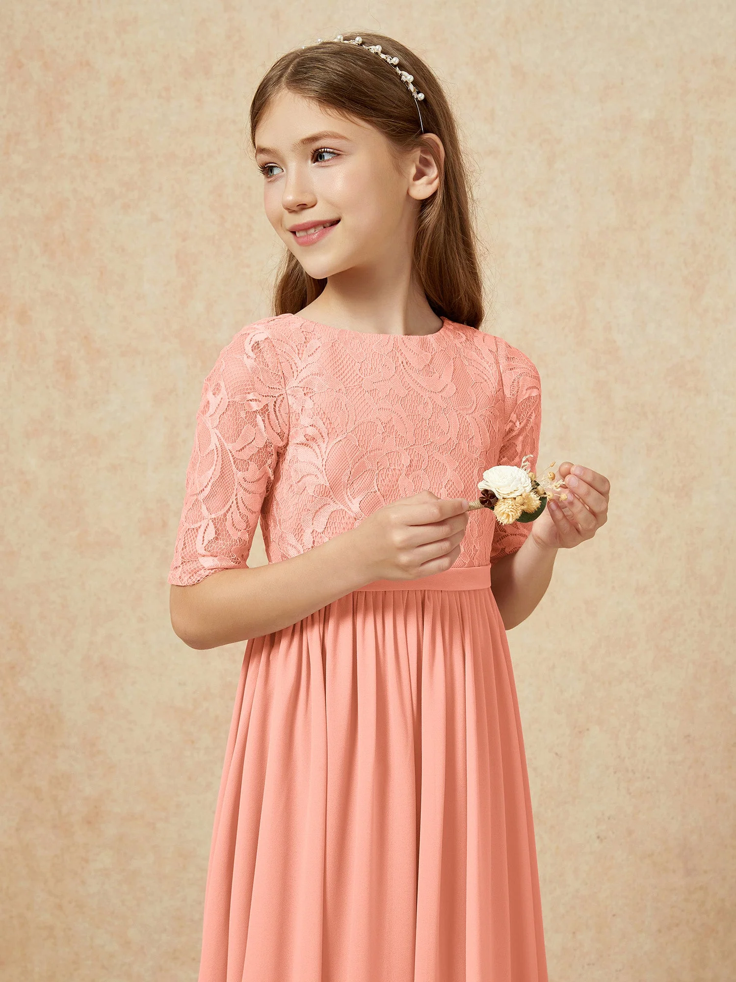 Halbarm Spitzen Oberteil Chiffon Junge Brautjungfernkleider Papaya - Image 6