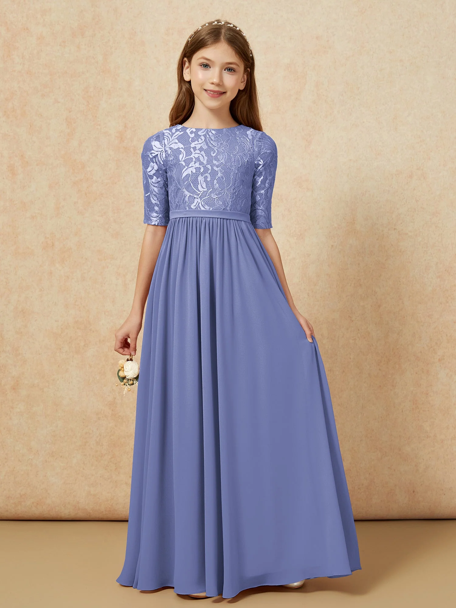 Halbarm Spitzen Oberteil Chiffon Junge Brautjungfernkleider Periwinkleblau
