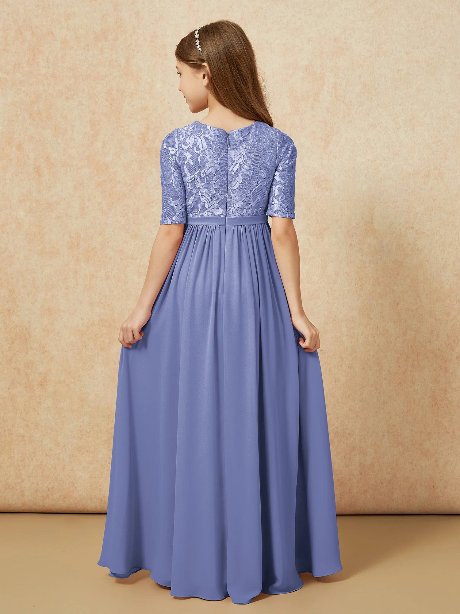 Halbarm Spitzen Oberteil Chiffon Junge Brautjungfernkleider Periwinkleblau - Image 2