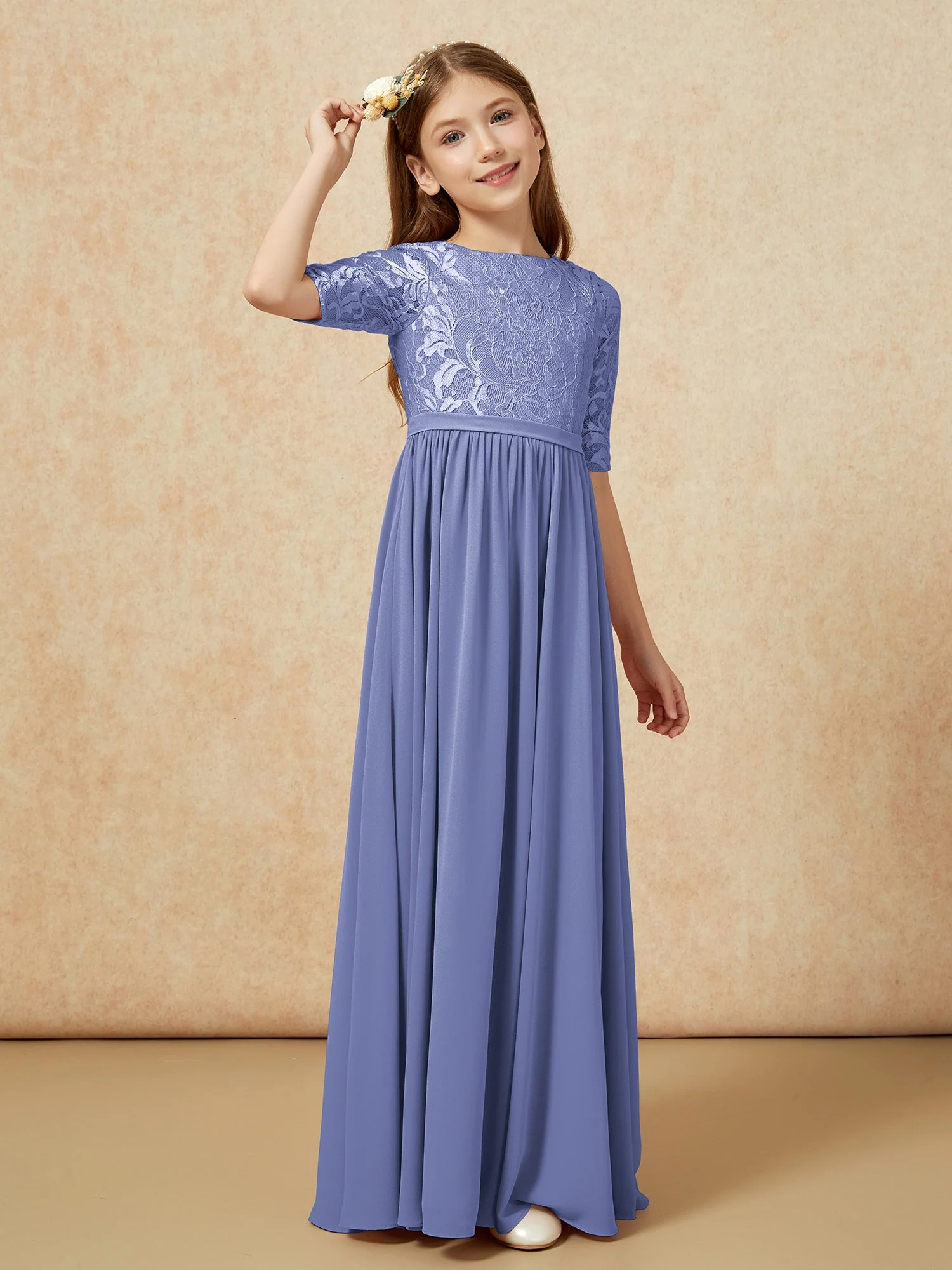 Halbarm Spitzen Oberteil Chiffon Junge Brautjungfernkleider Periwinkleblau - Image 3