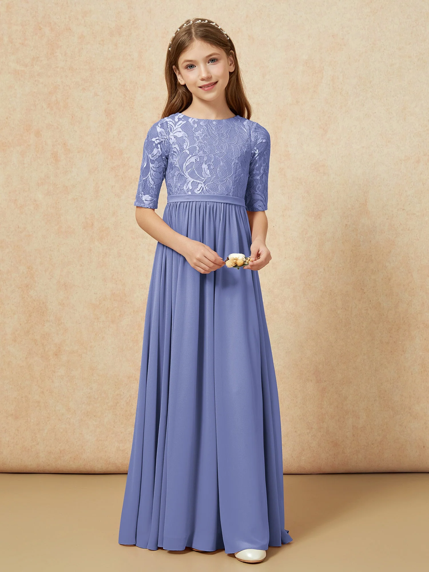 Halbarm Spitzen Oberteil Chiffon Junge Brautjungfernkleider Periwinkleblau - Image 4