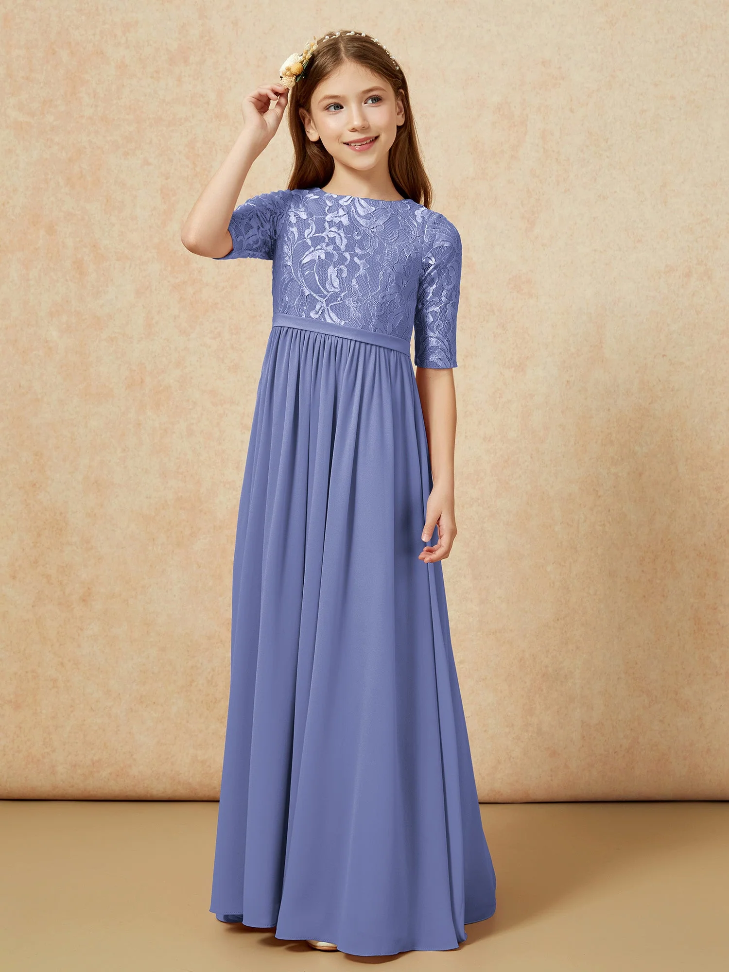Halbarm Spitzen Oberteil Chiffon Junge Brautjungfernkleider Periwinkleblau - Image 5