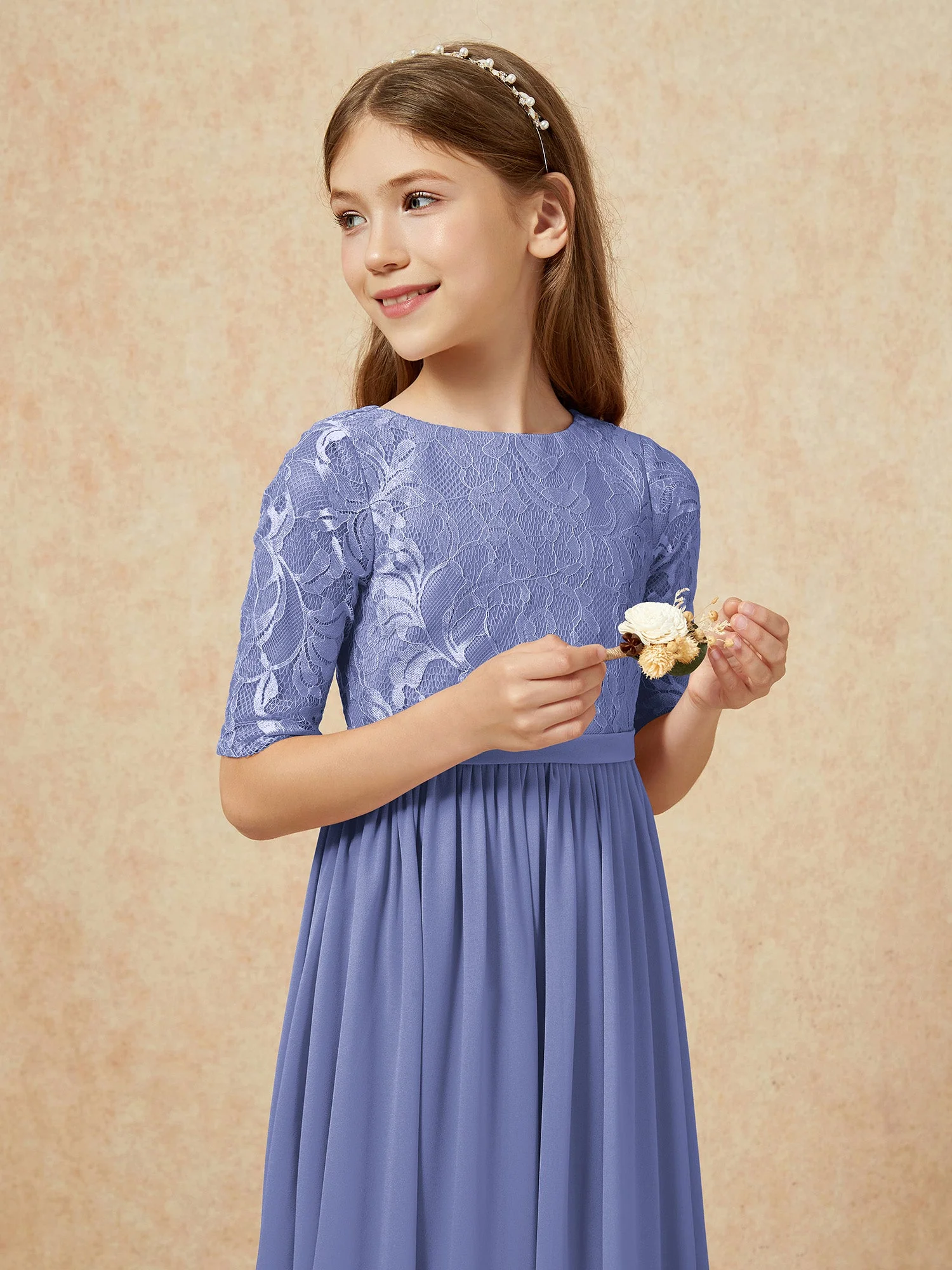 Halbarm Spitzen Oberteil Chiffon Junge Brautjungfernkleider Periwinkleblau - Image 6