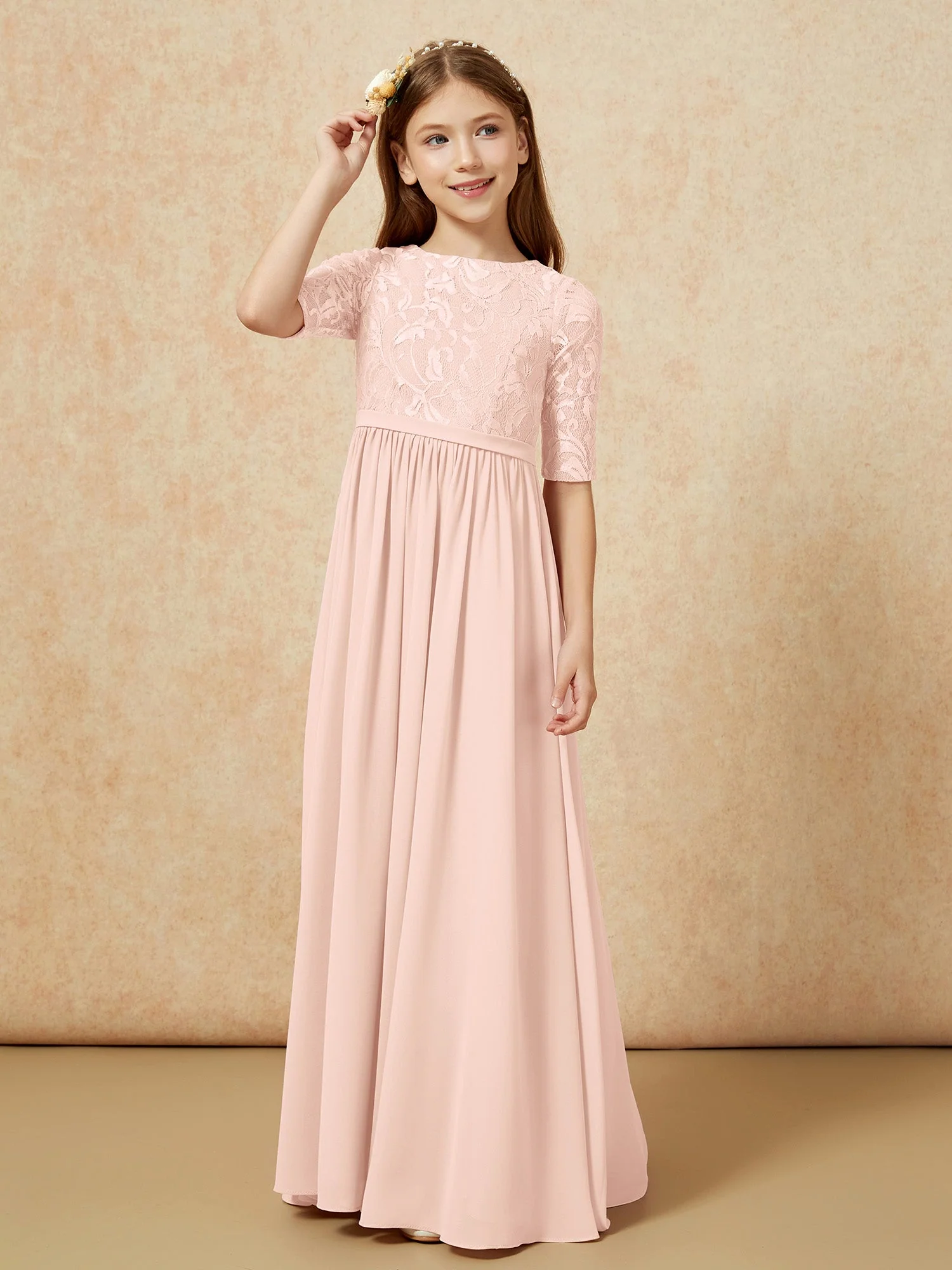 Halbarm Spitzen Oberteil Chiffon Junge Brautjungfernkleider Perlrosa - Image 5