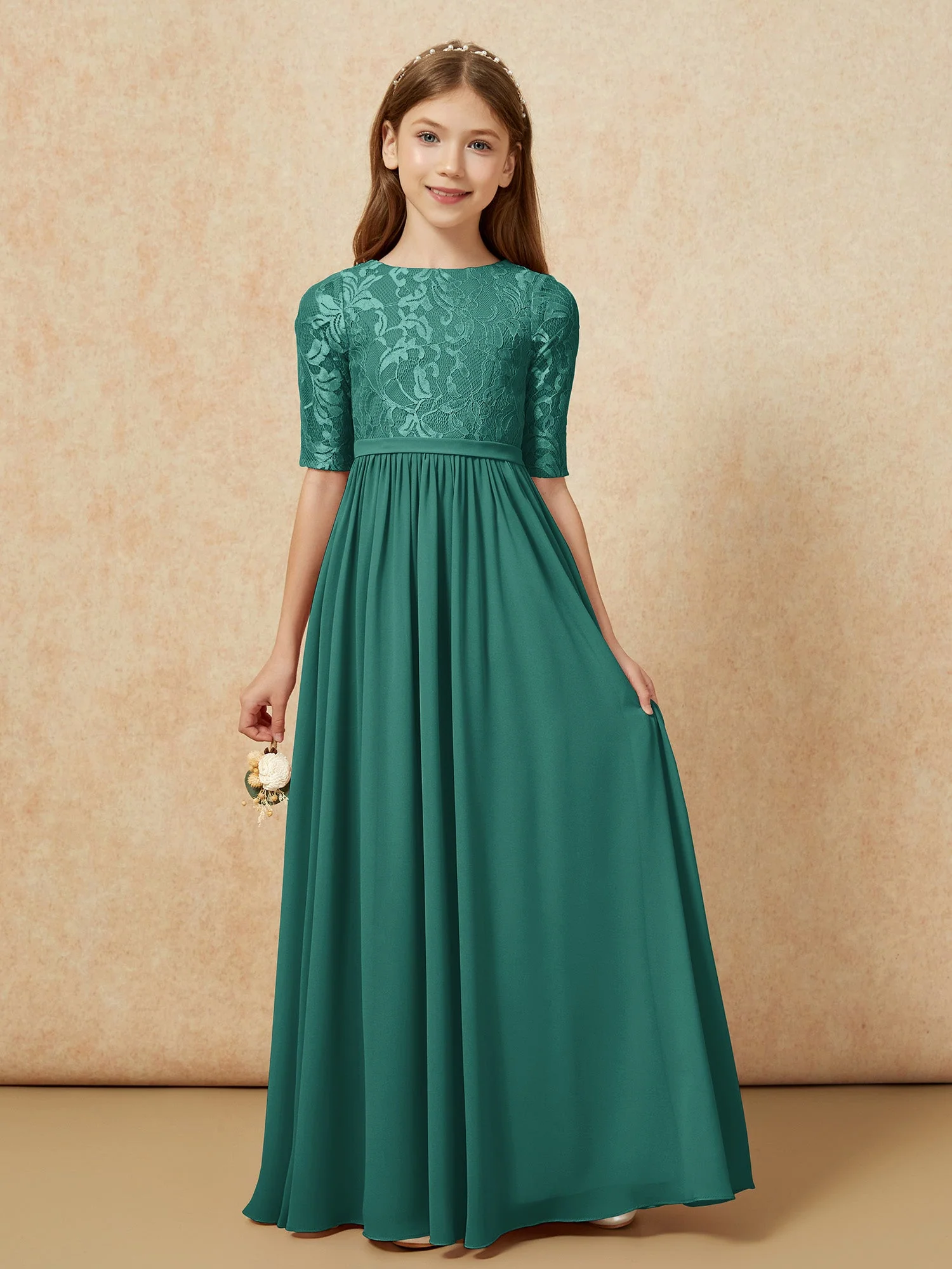 Halbarm Spitzen Oberteil Chiffon Junge Brautjungfernkleider Pfau