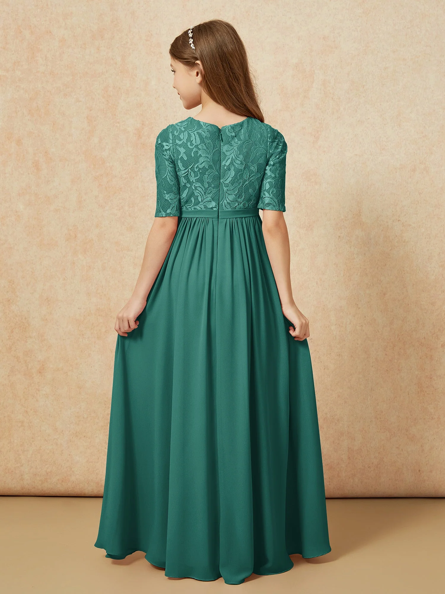Halbarm Spitzen Oberteil Chiffon Junge Brautjungfernkleider Pfau - Image 2