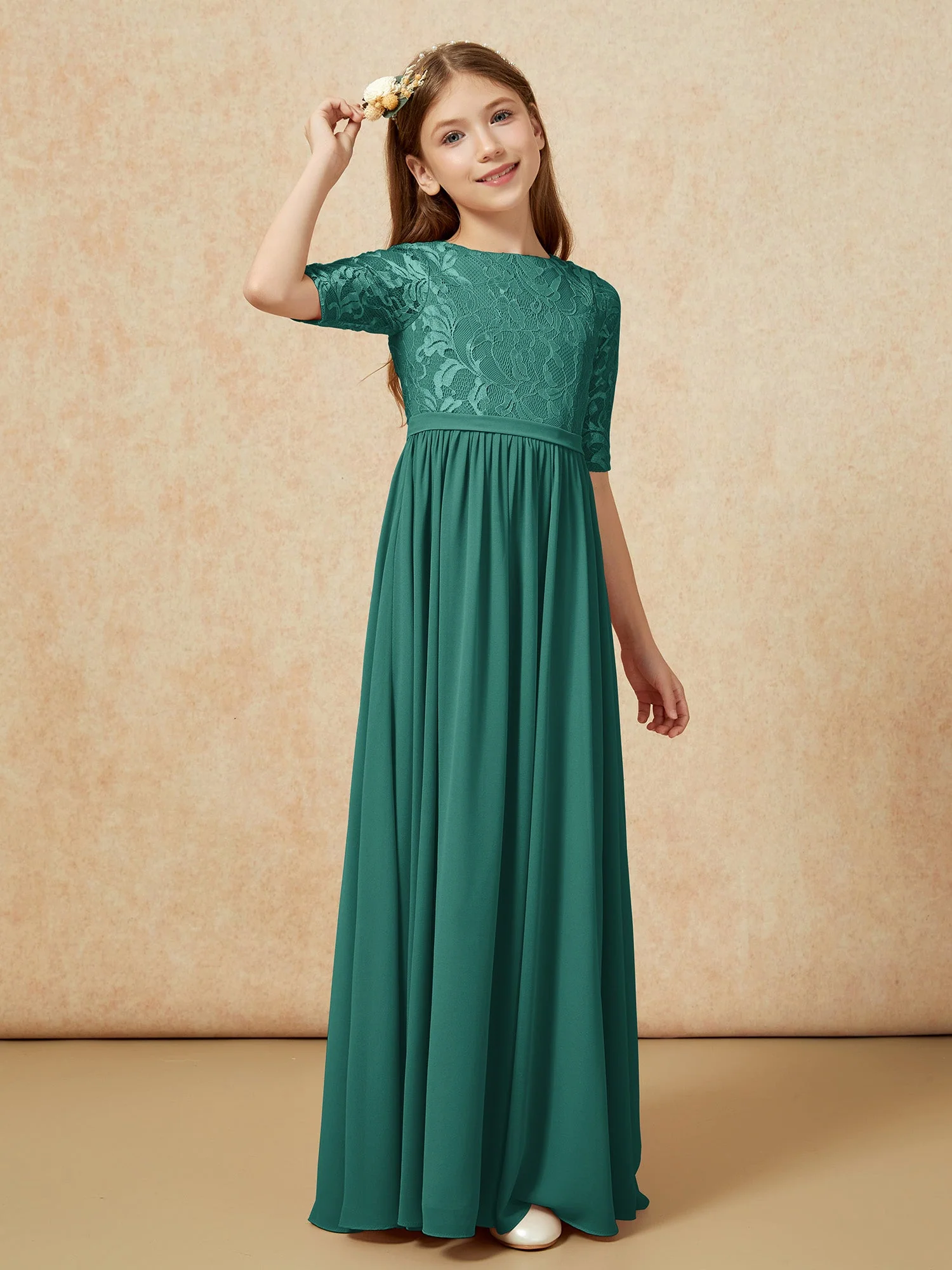 Halbarm Spitzen Oberteil Chiffon Junge Brautjungfernkleider Pfau - Image 3