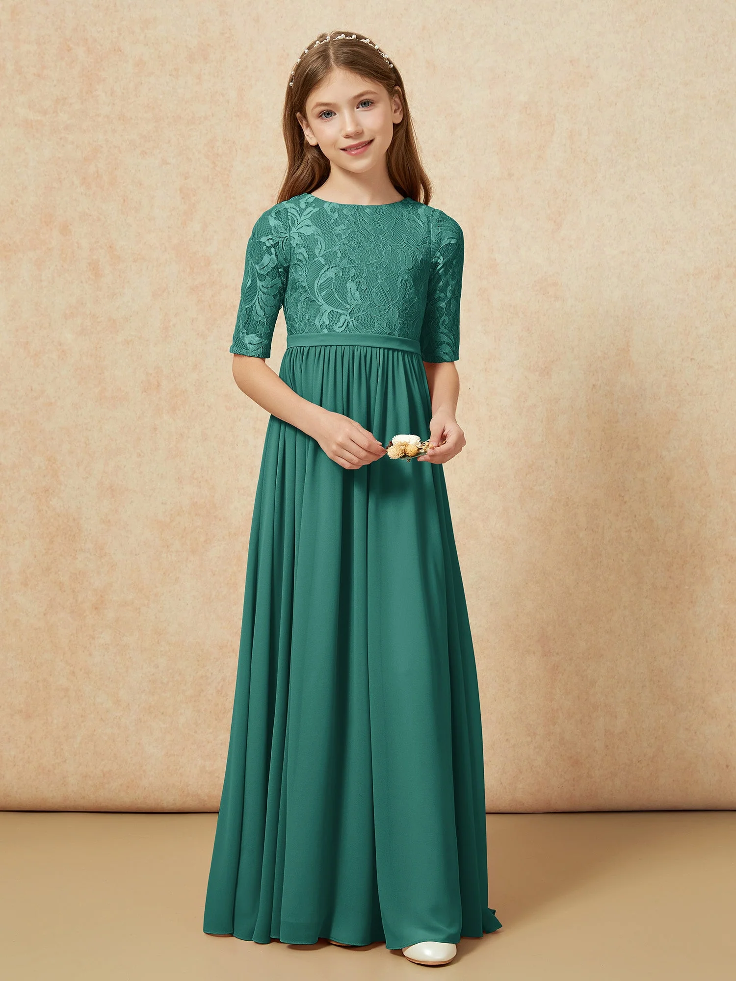 Halbarm Spitzen Oberteil Chiffon Junge Brautjungfernkleider Pfau - Image 4