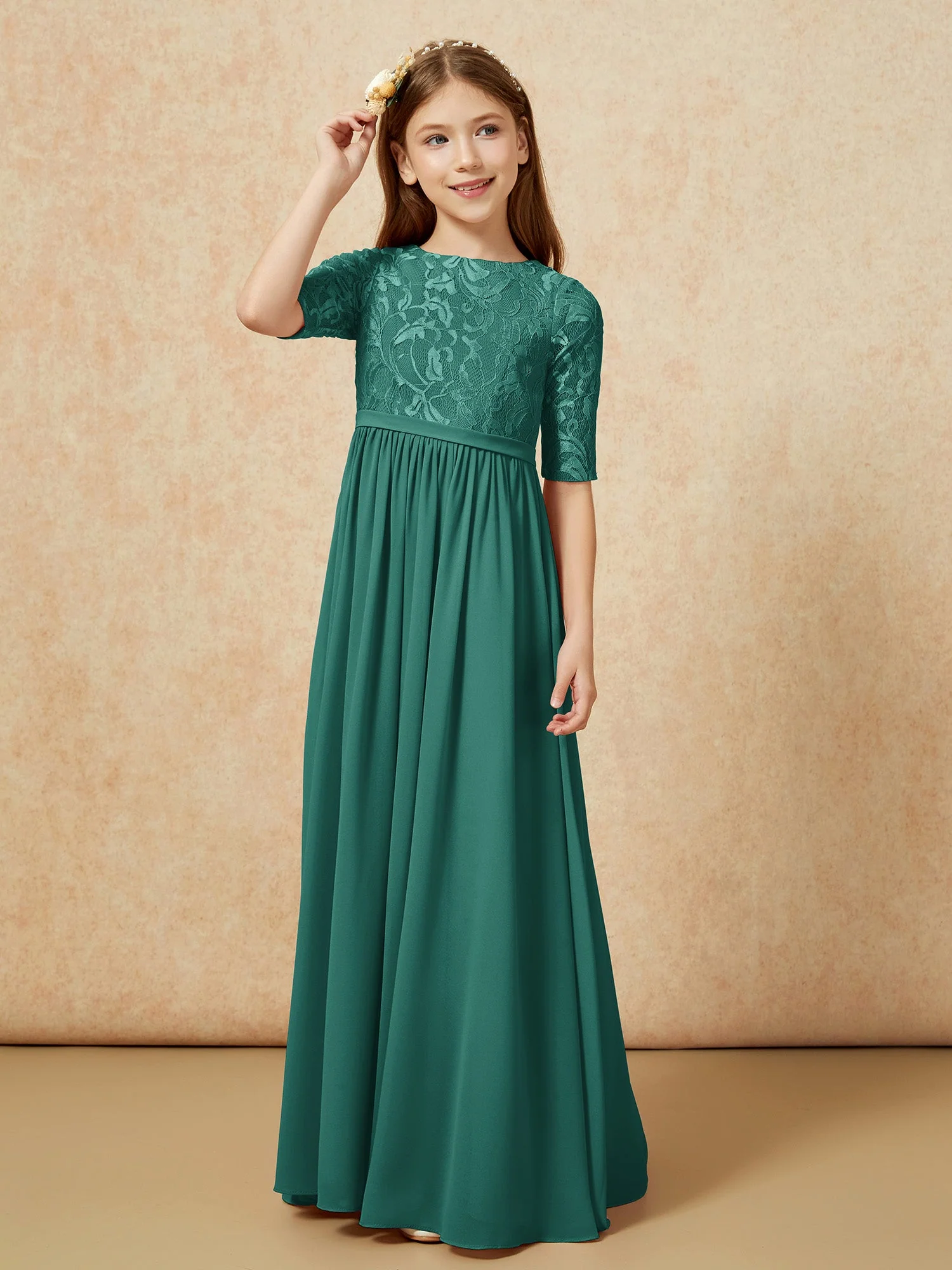 Halbarm Spitzen Oberteil Chiffon Junge Brautjungfernkleider Pfau - Image 5