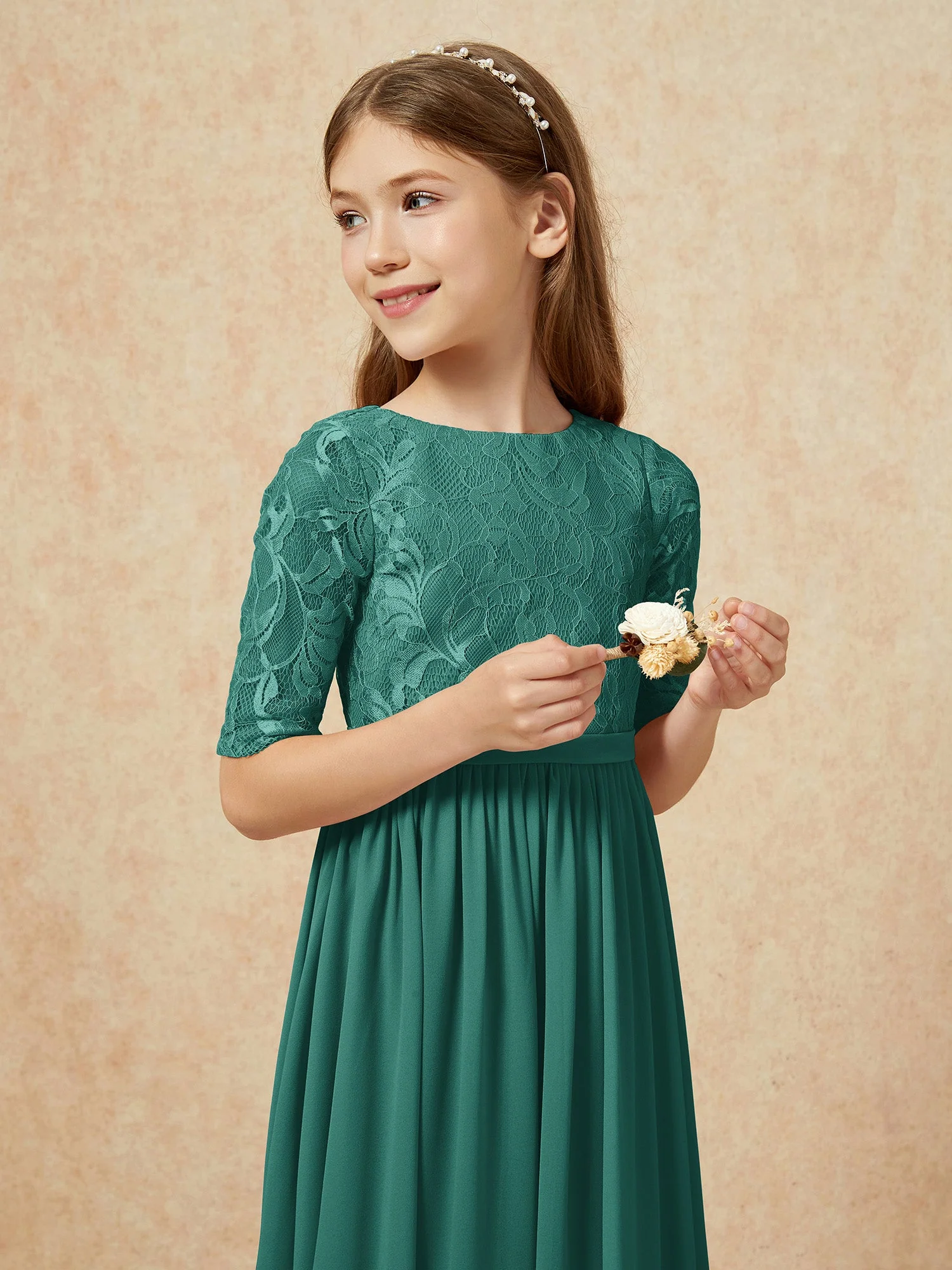 Halbarm Spitzen Oberteil Chiffon Junge Brautjungfernkleider Pfau - Image 6