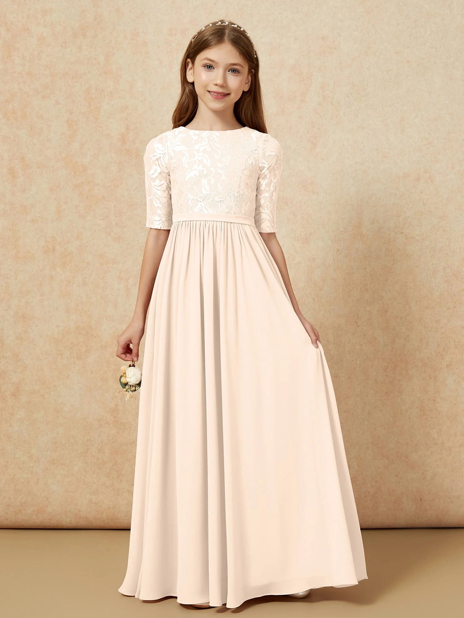 Halbarm Spitzen Oberteil Chiffon Junge Brautjungfernkleider Pfirsich