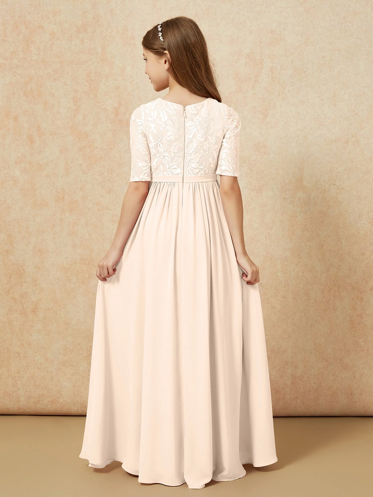 Halbarm Spitzen Oberteil Chiffon Junge Brautjungfernkleider Pfirsich - Image 2