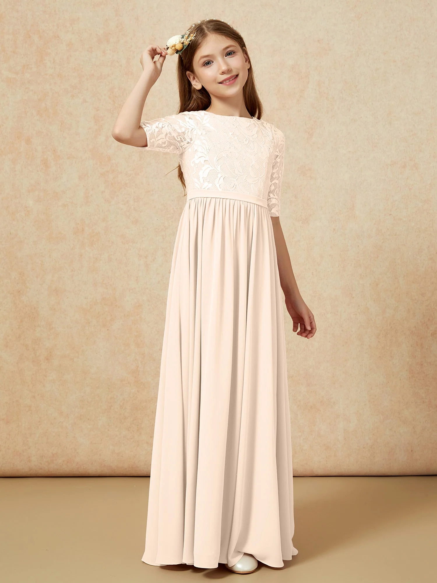 Halbarm Spitzen Oberteil Chiffon Junge Brautjungfernkleider Pfirsich - Image 3