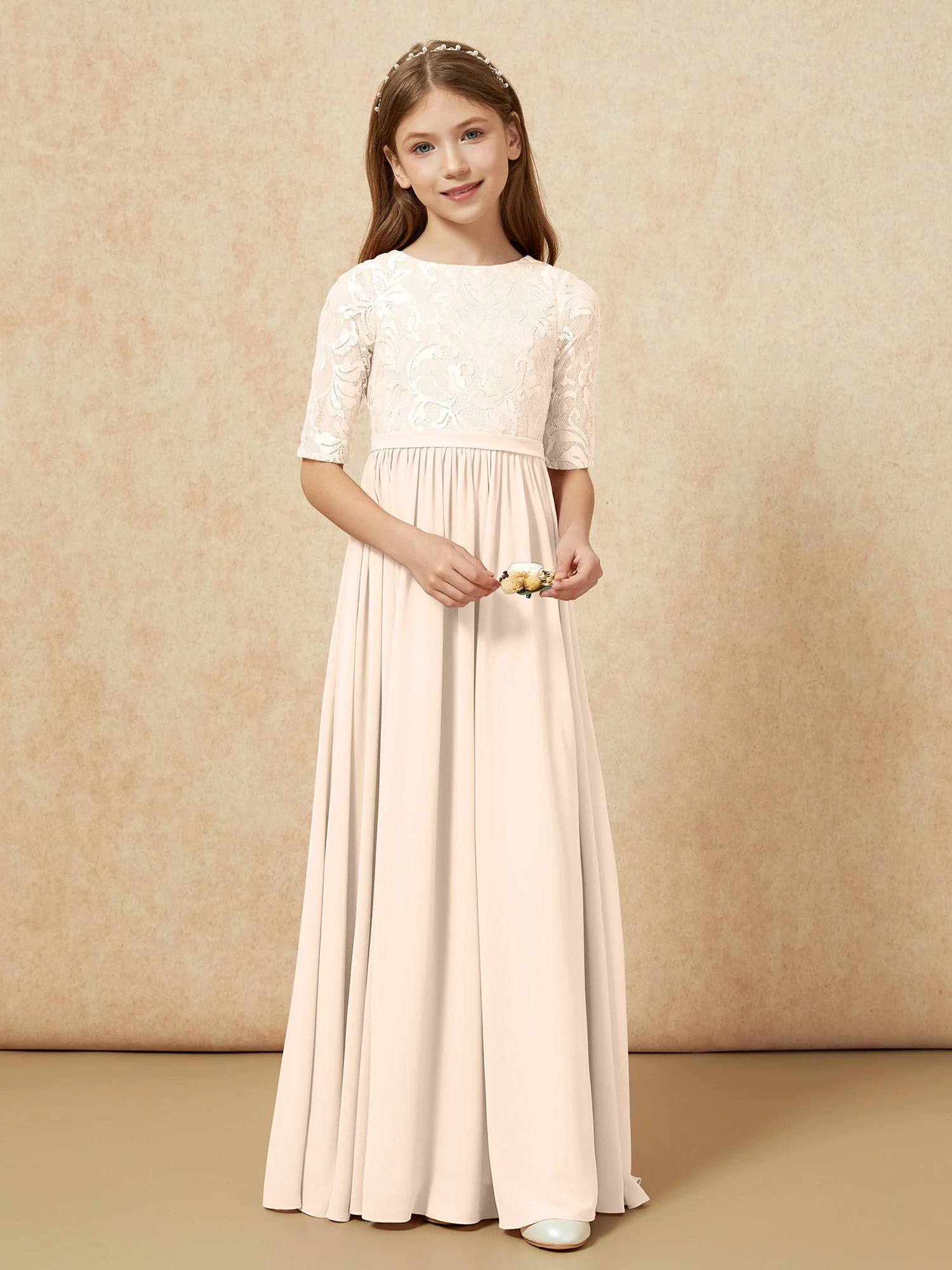 Halbarm Spitzen Oberteil Chiffon Junge Brautjungfernkleider Pfirsich - Image 4