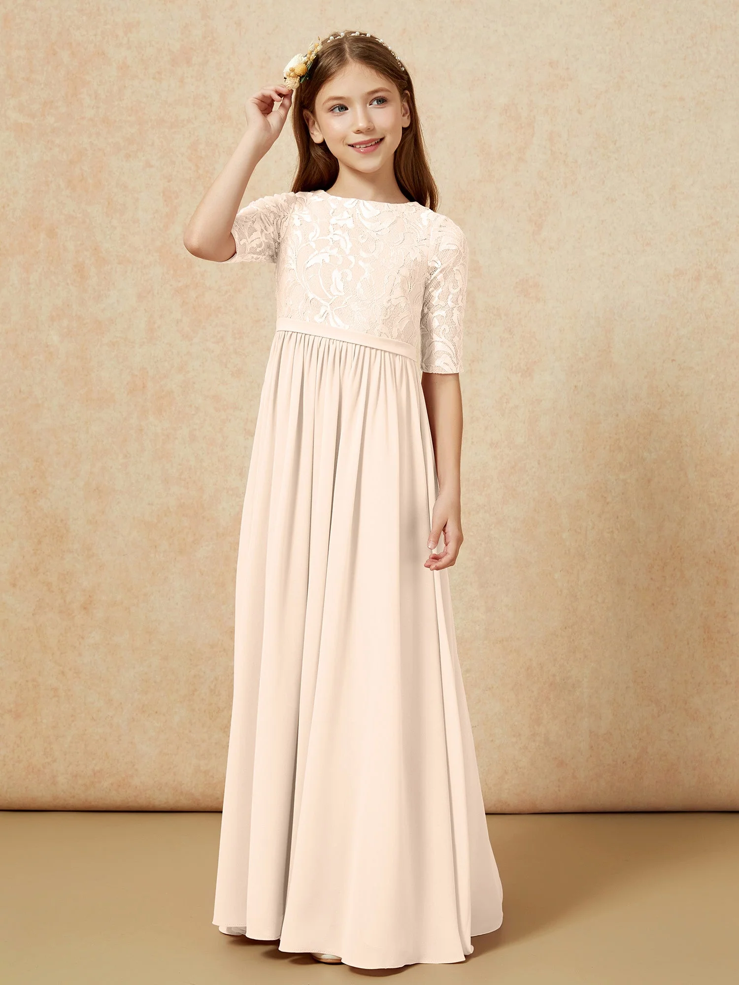 Halbarm Spitzen Oberteil Chiffon Junge Brautjungfernkleider Pfirsich - Image 5