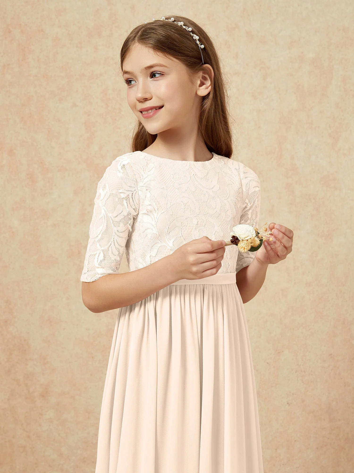 Halbarm Spitzen Oberteil Chiffon Junge Brautjungfernkleider Pfirsich - Image 6