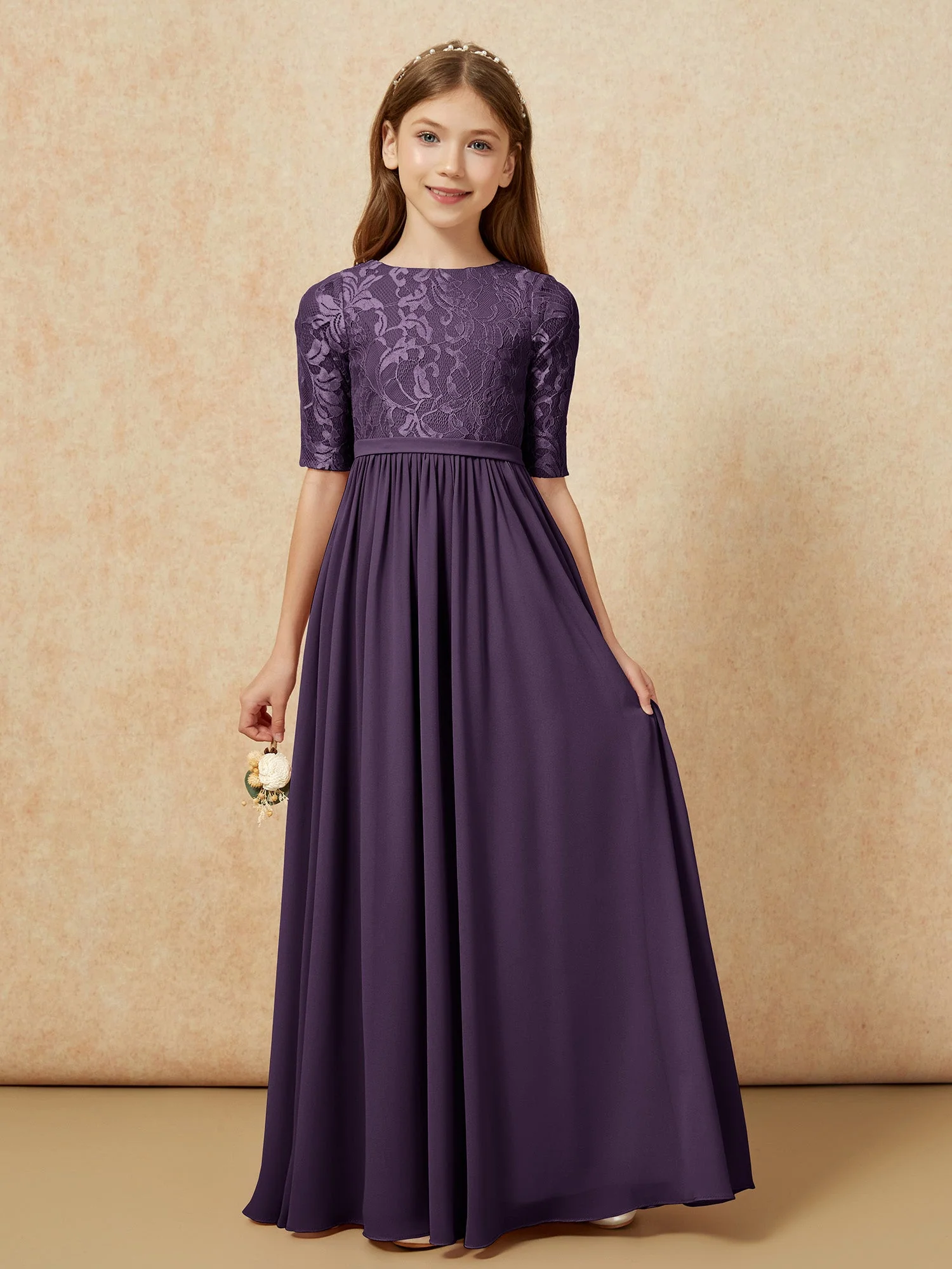 Halbarm Spitzen Oberteil Chiffon Junge Brautjungfernkleider Plum