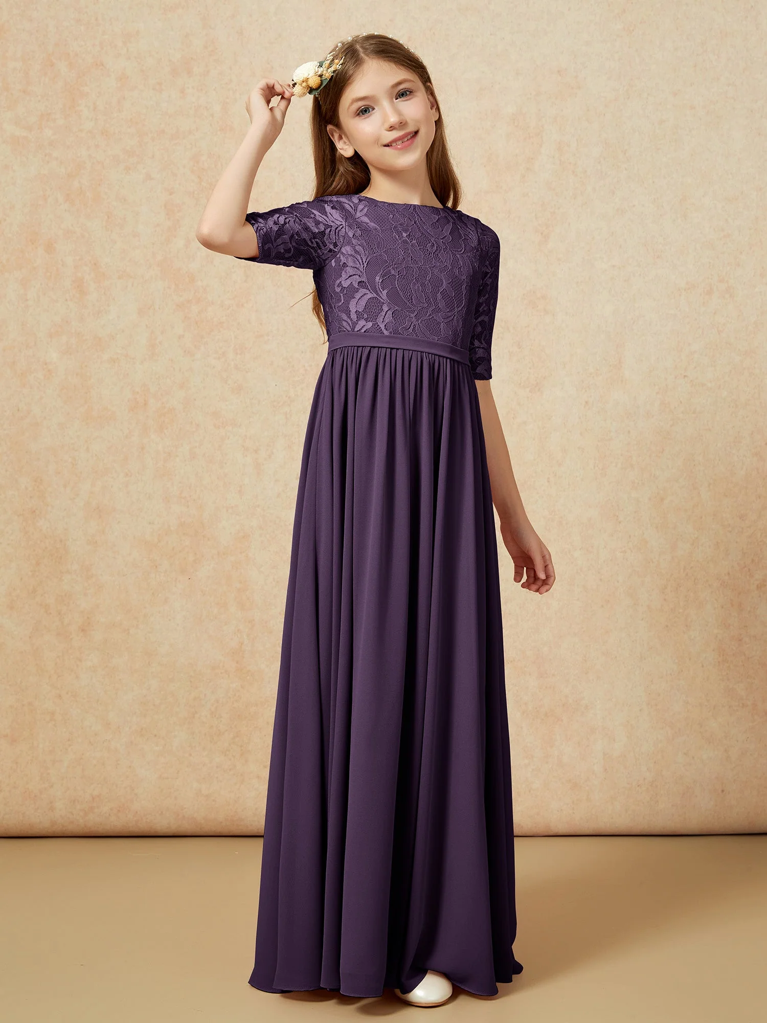Halbarm Spitzen Oberteil Chiffon Junge Brautjungfernkleider Plum - Image 3