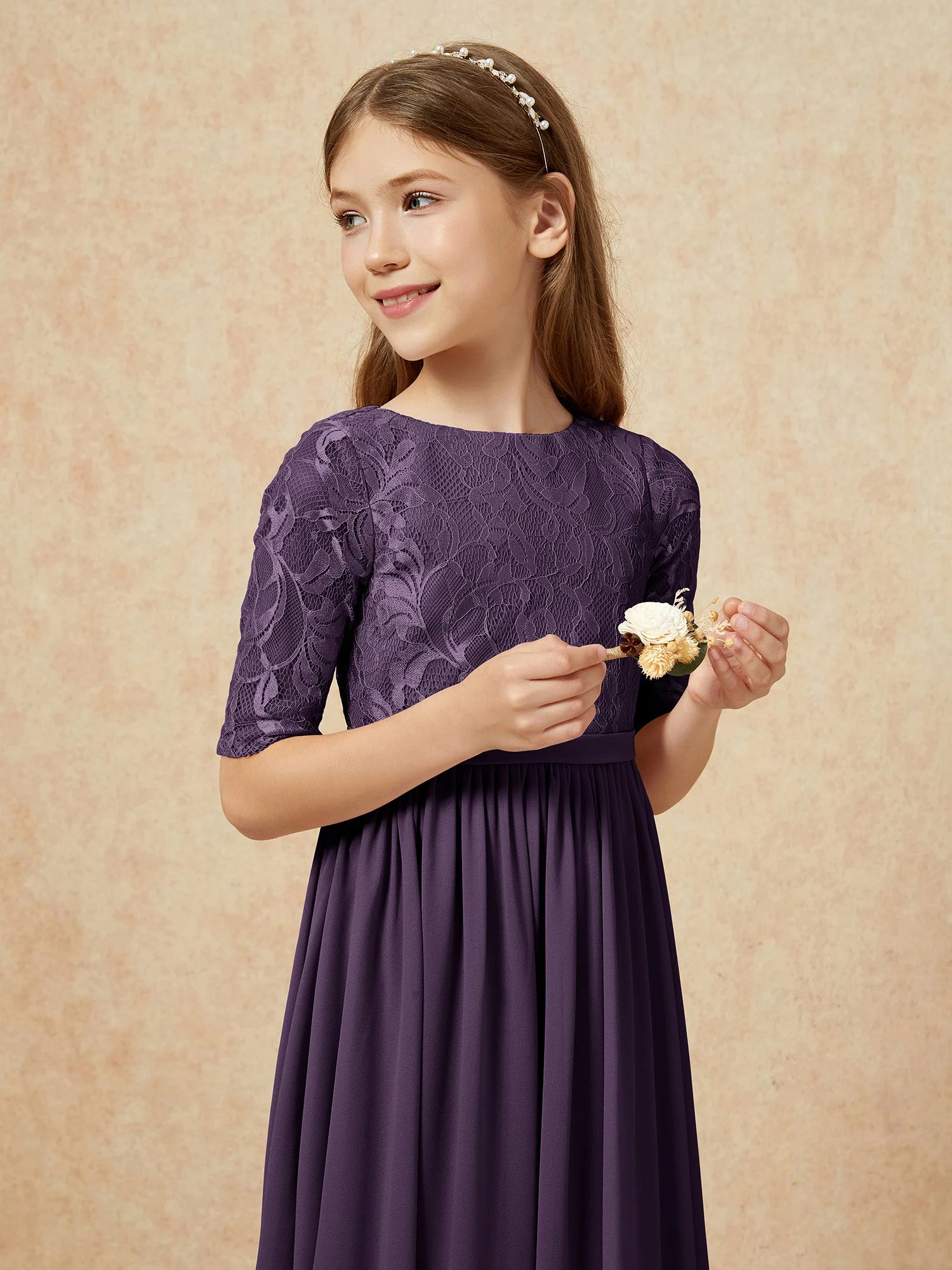 Halbarm Spitzen Oberteil Chiffon Junge Brautjungfernkleider Plum - Image 6