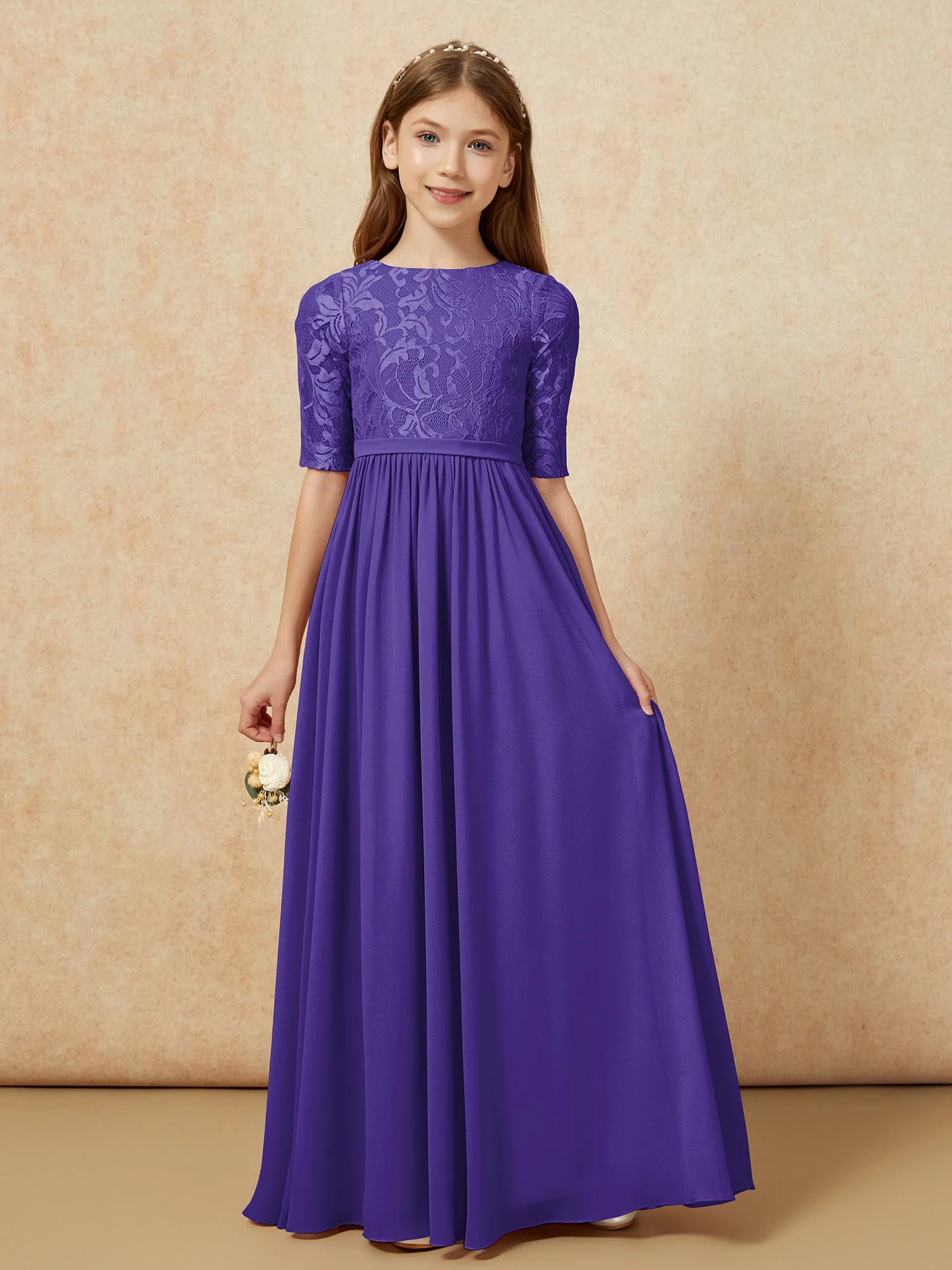 Halbarm Spitzen Oberteil Chiffon Junge Brautjungfernkleider Regentschaft
