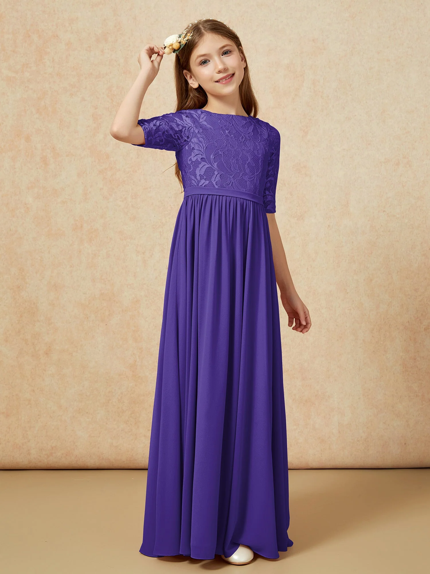 Halbarm Spitzen Oberteil Chiffon Junge Brautjungfernkleider Regentschaft - Image 3