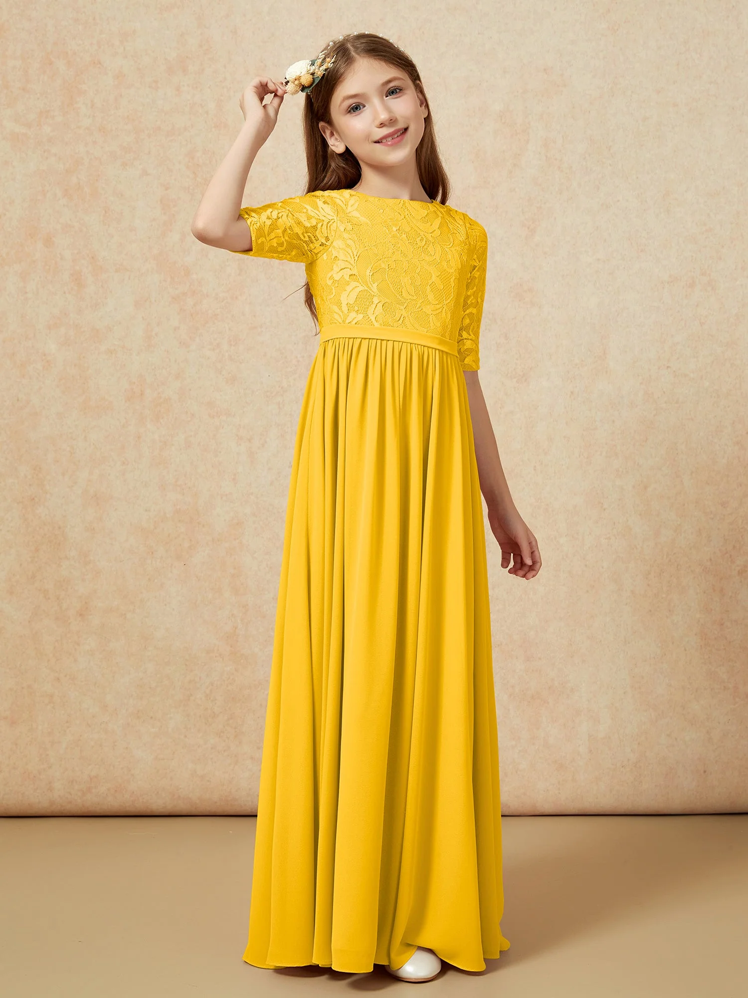 Halbarm Spitzen Oberteil Chiffon Junge Brautjungfernkleider Ringelblume - Image 3