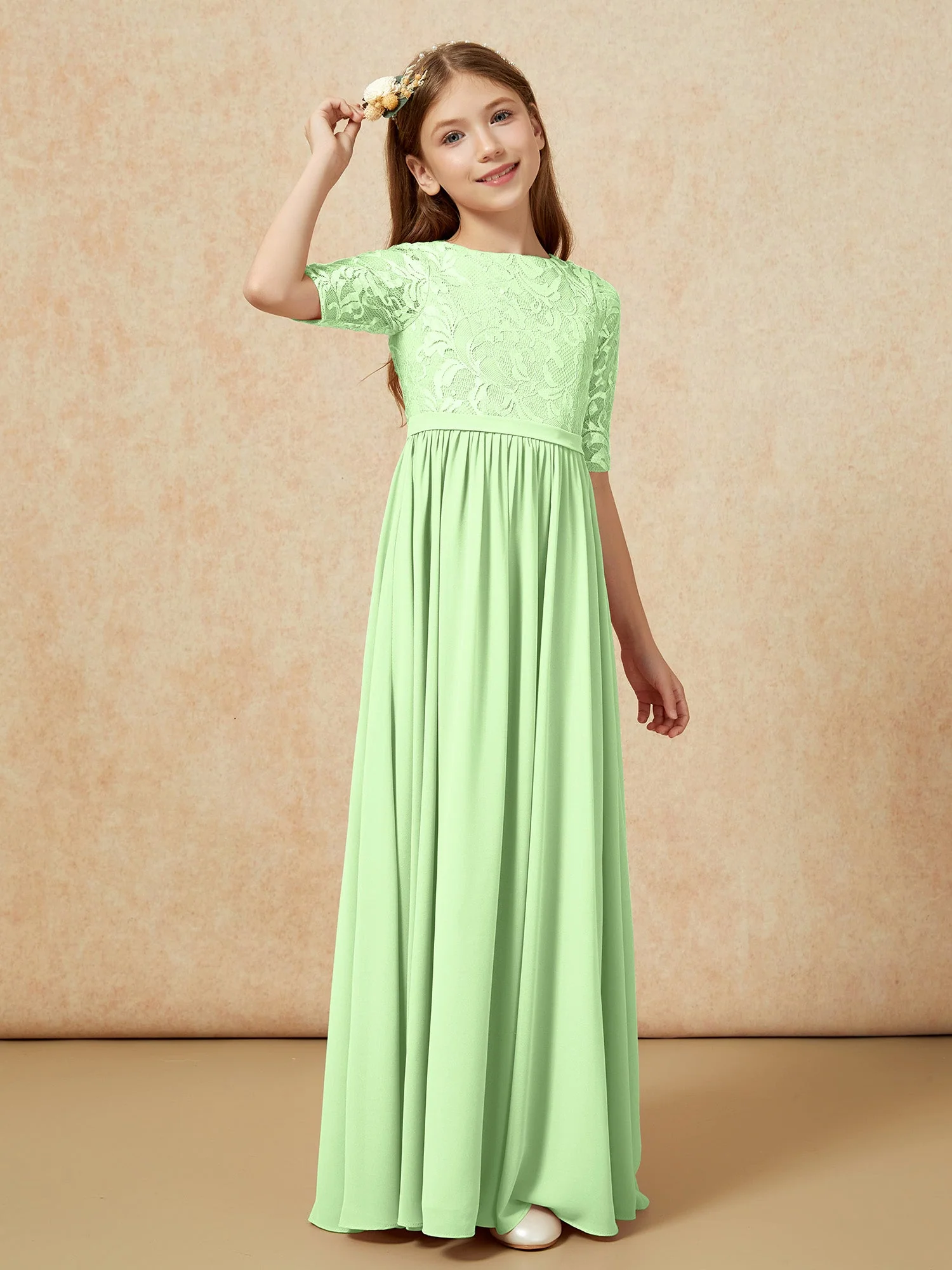 Halbarm Spitzen Oberteil Chiffon Junge Brautjungfernkleider Salbei - Image 3