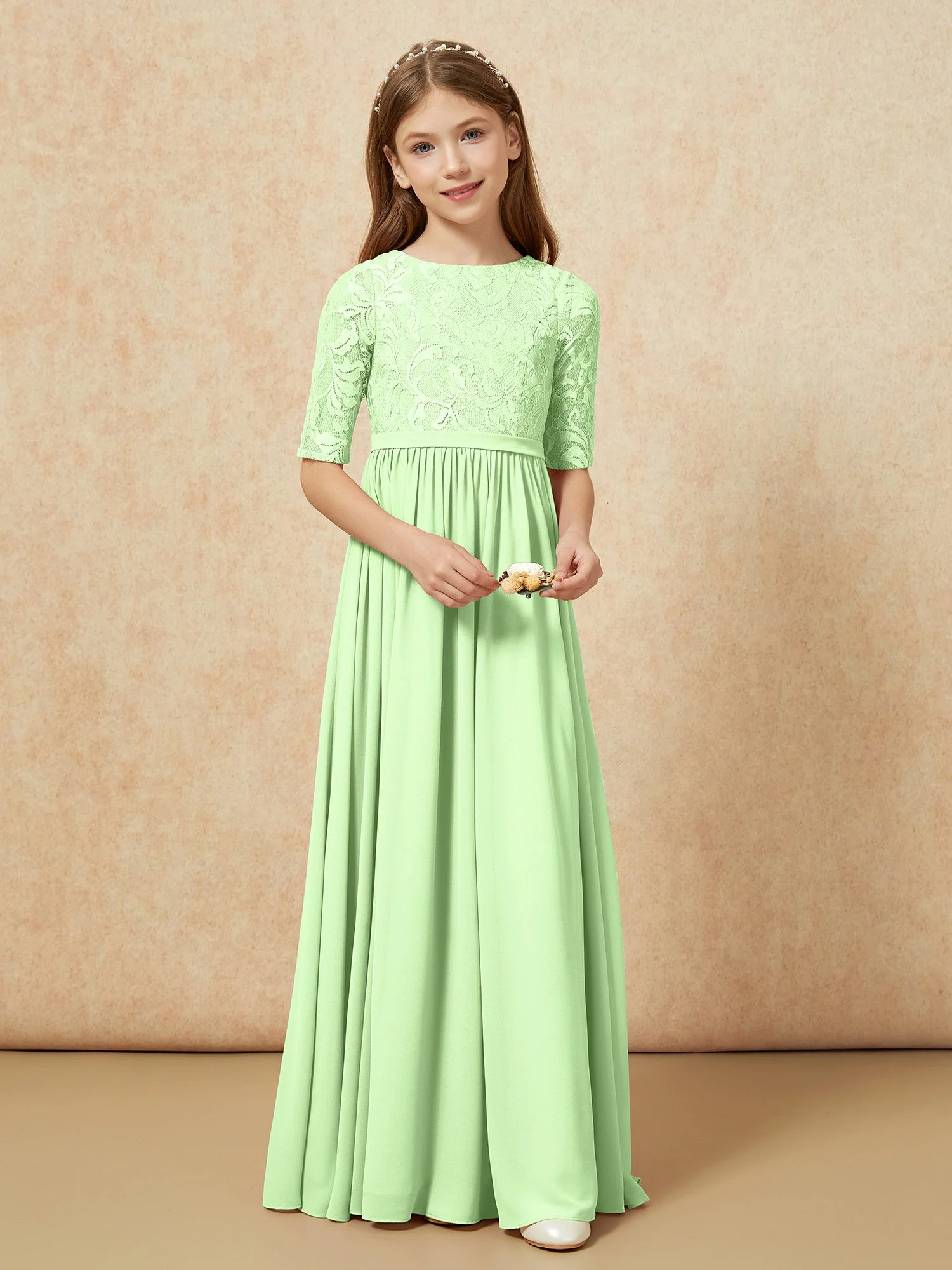 Halbarm Spitzen Oberteil Chiffon Junge Brautjungfernkleider Salbei - Image 4