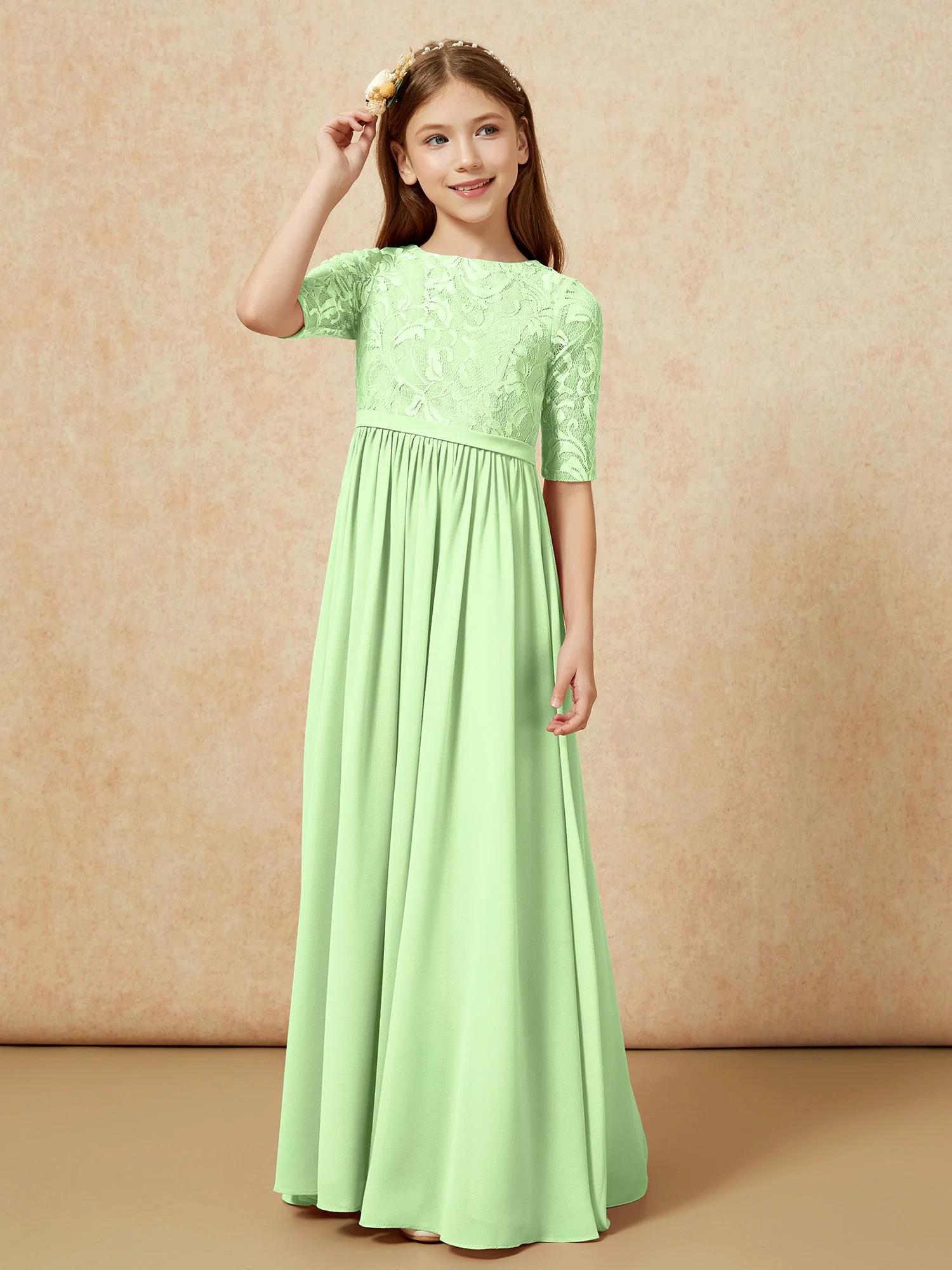 Halbarm Spitzen Oberteil Chiffon Junge Brautjungfernkleider Salbei - Image 5