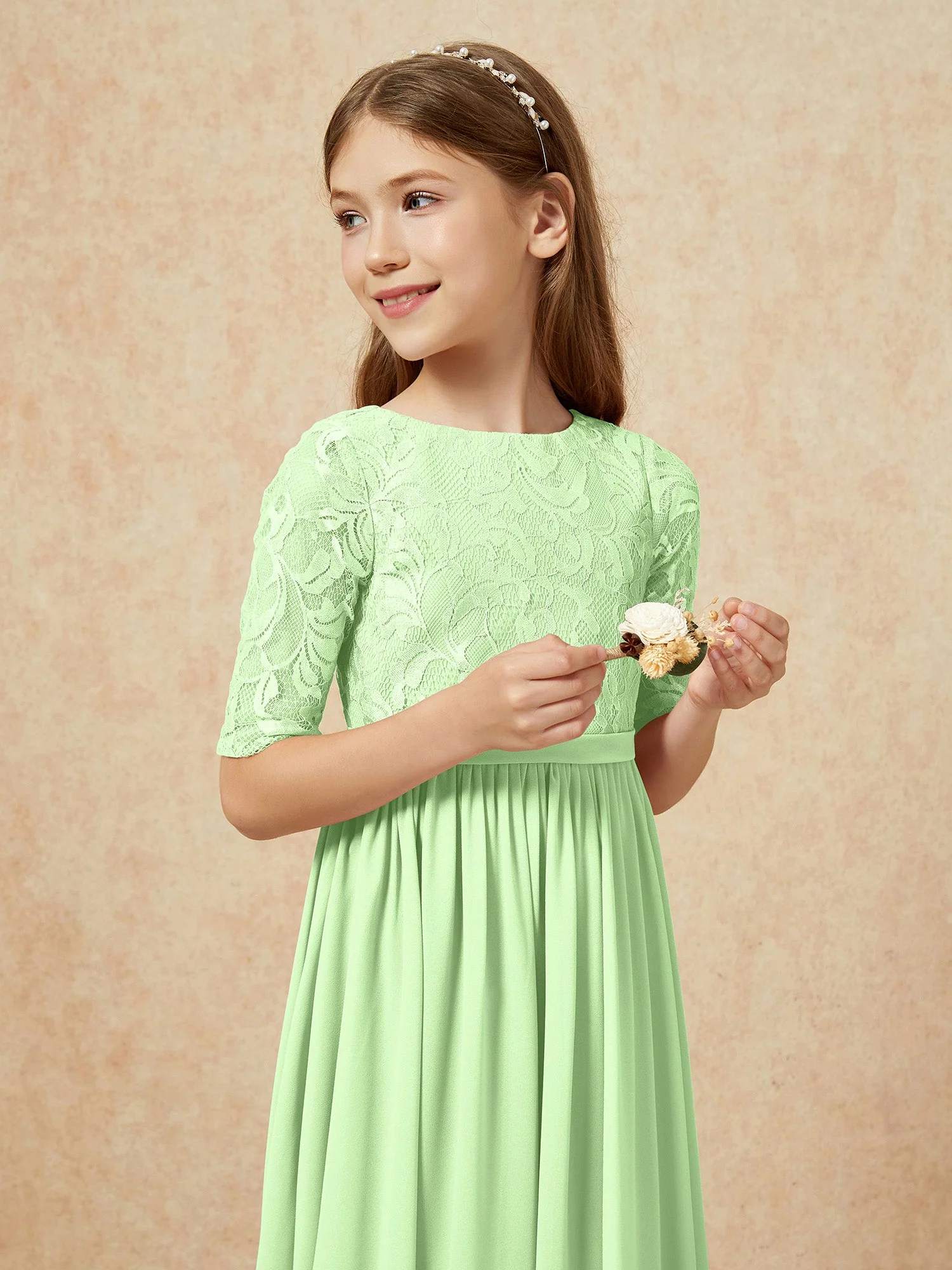 Halbarm Spitzen Oberteil Chiffon Junge Brautjungfernkleider Salbei - Image 6