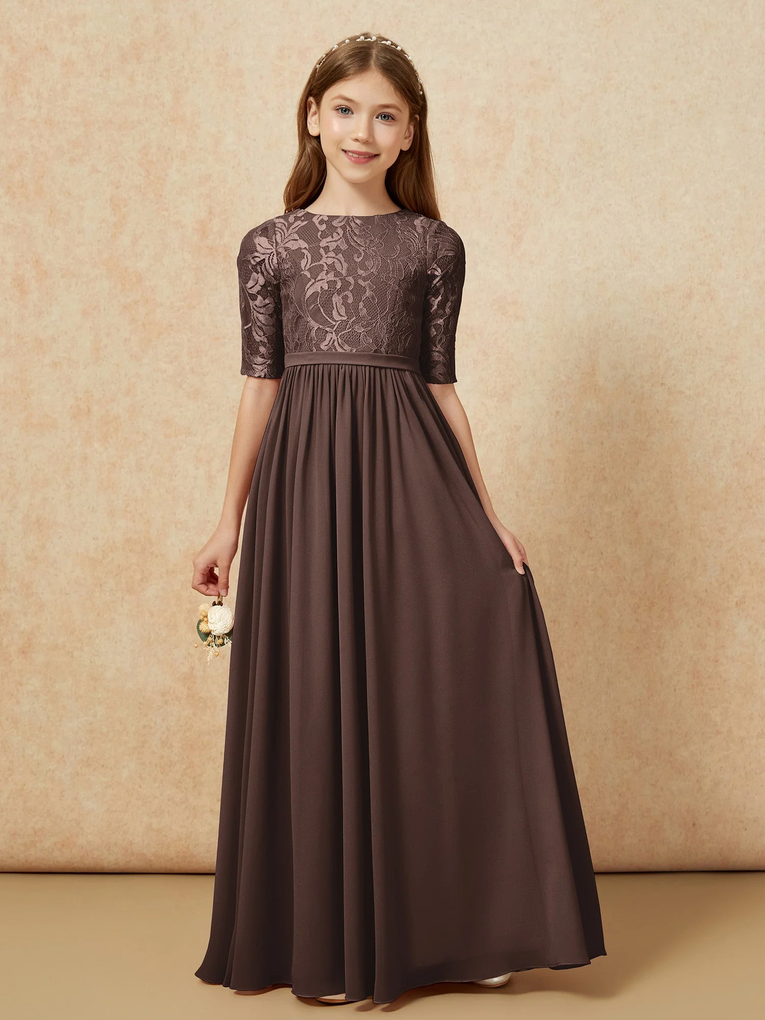 Halbarm Spitzen Oberteil Chiffon Junge Brautjungfernkleider Schokolade