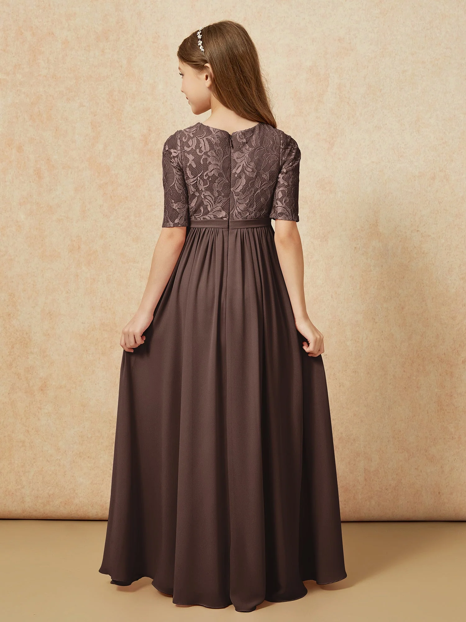 Halbarm Spitzen Oberteil Chiffon Junge Brautjungfernkleider Schokolade - Image 2