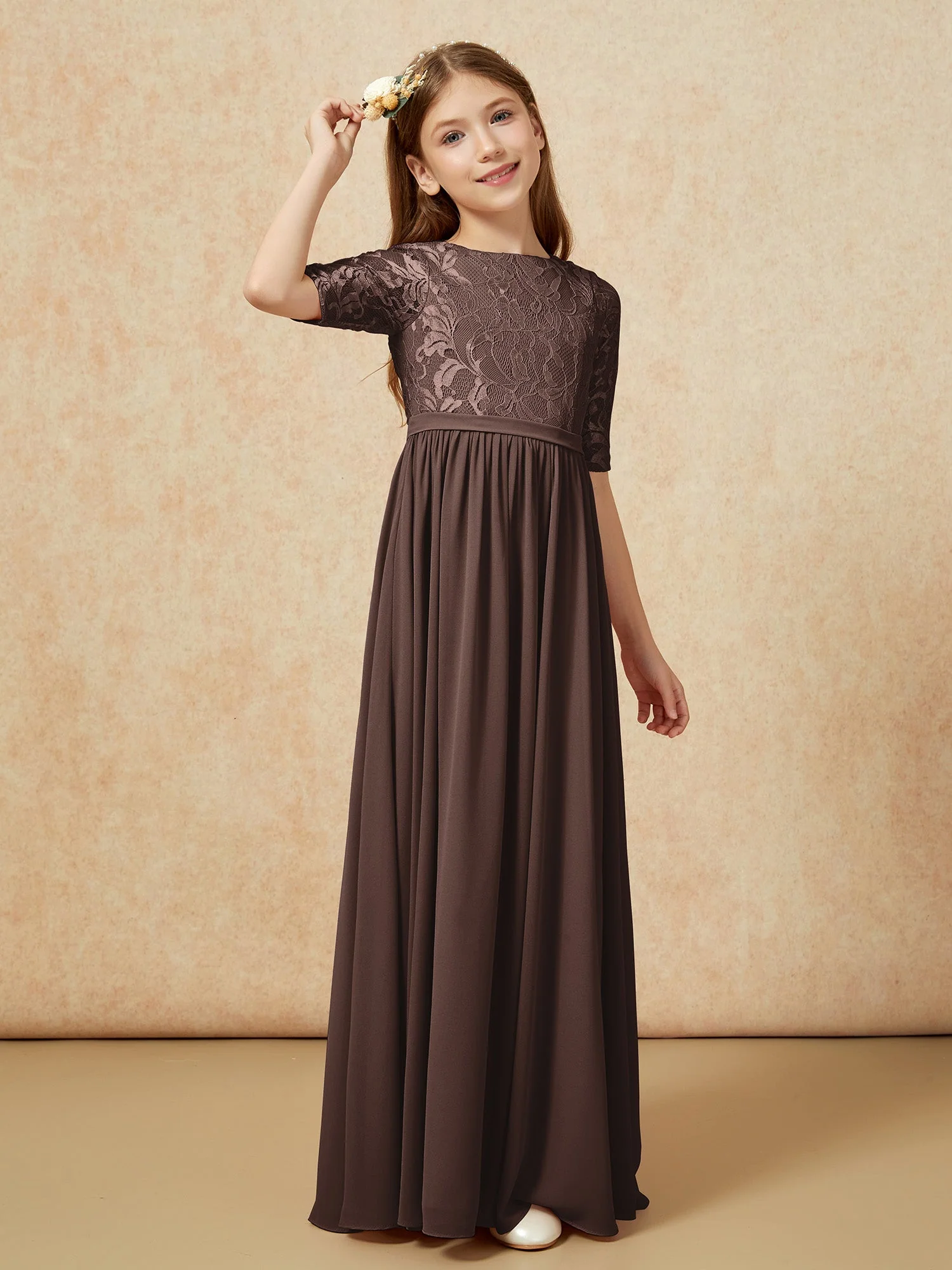 Halbarm Spitzen Oberteil Chiffon Junge Brautjungfernkleider Schokolade - Image 3