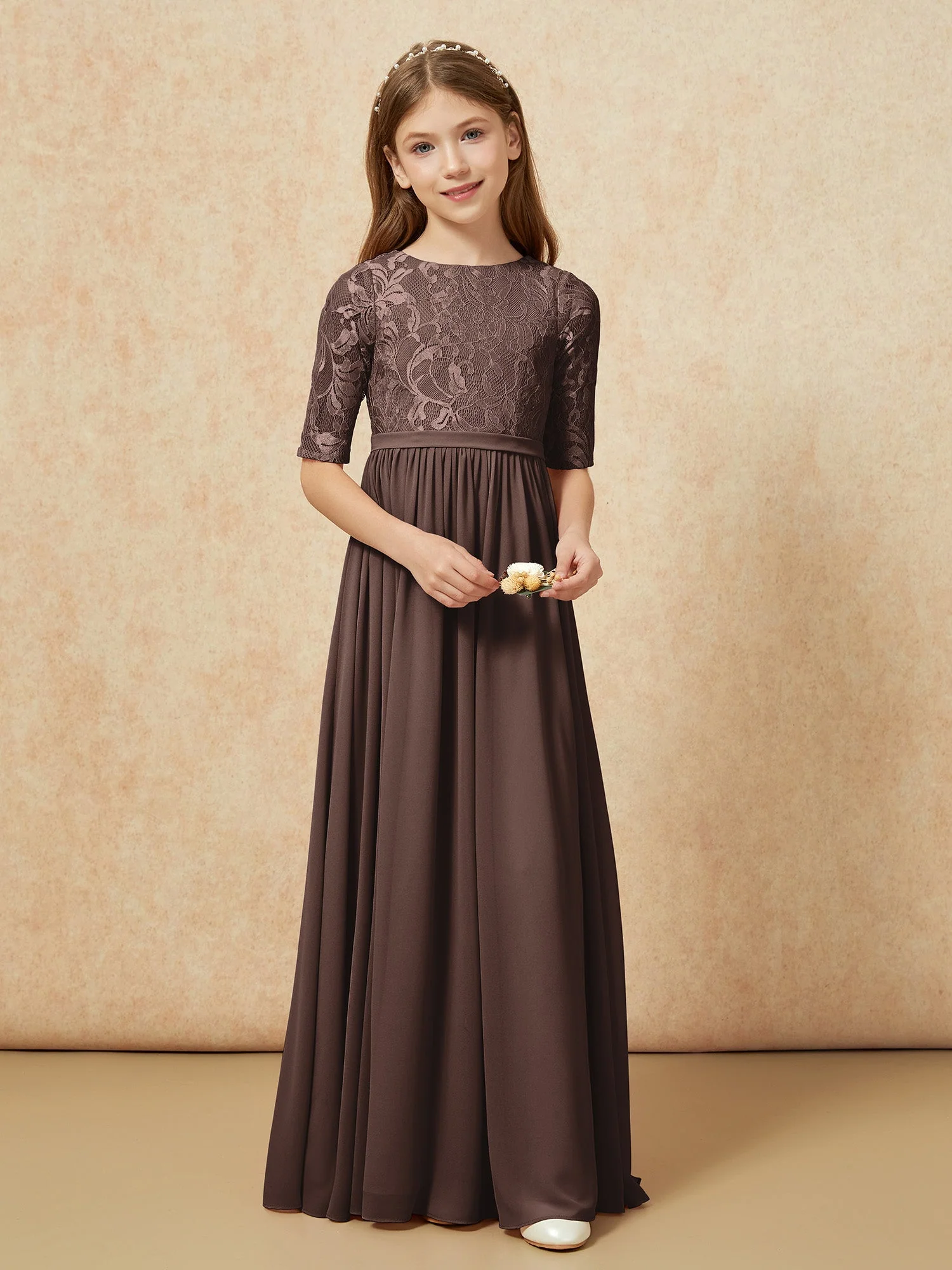Halbarm Spitzen Oberteil Chiffon Junge Brautjungfernkleider Schokolade - Image 4