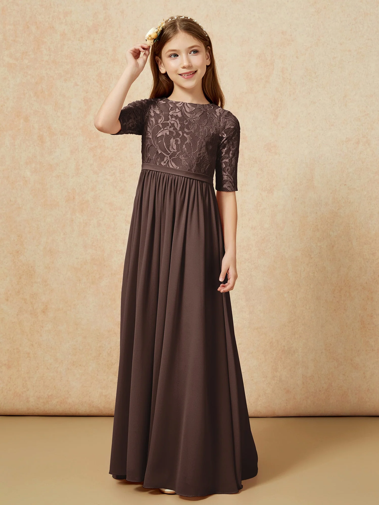 Halbarm Spitzen Oberteil Chiffon Junge Brautjungfernkleider Schokolade - Image 5