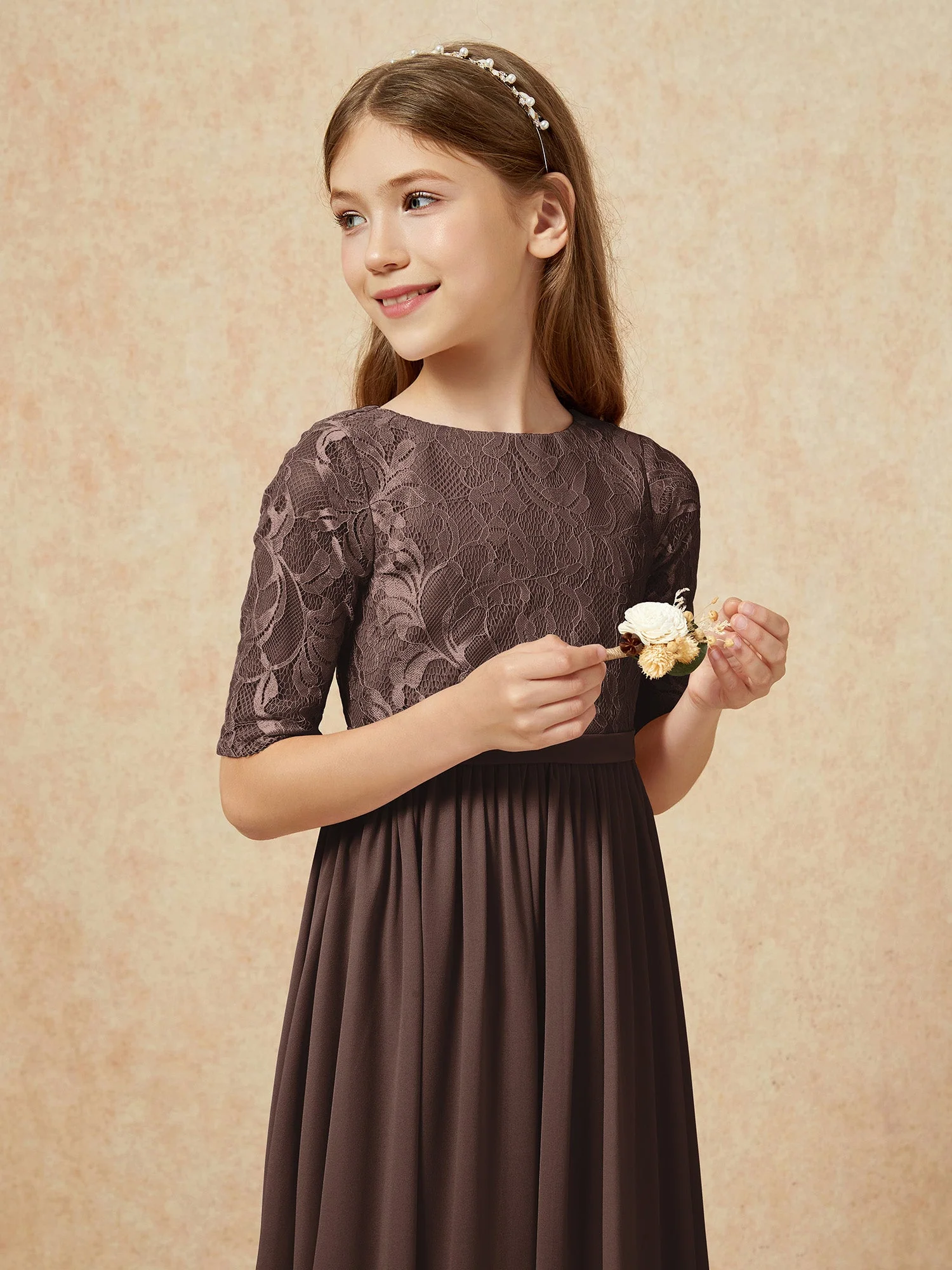 Halbarm Spitzen Oberteil Chiffon Junge Brautjungfernkleider Schokolade - Image 6
