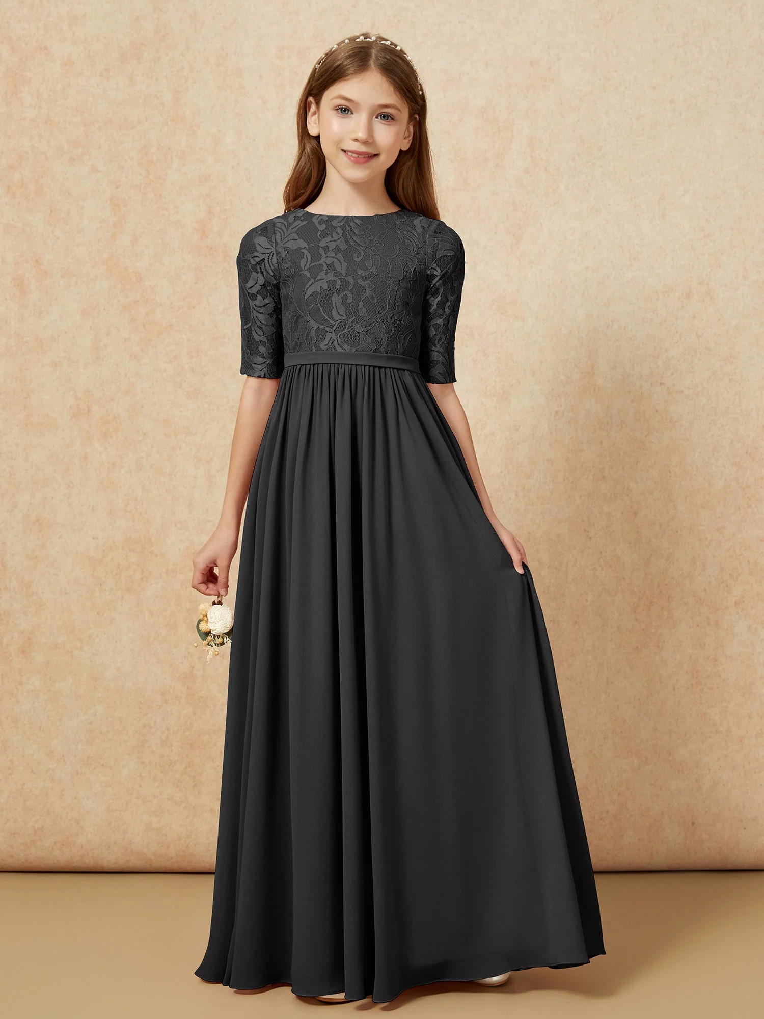 Halbarm Spitzen Oberteil Chiffon Junge Brautjungfernkleider Schwarz