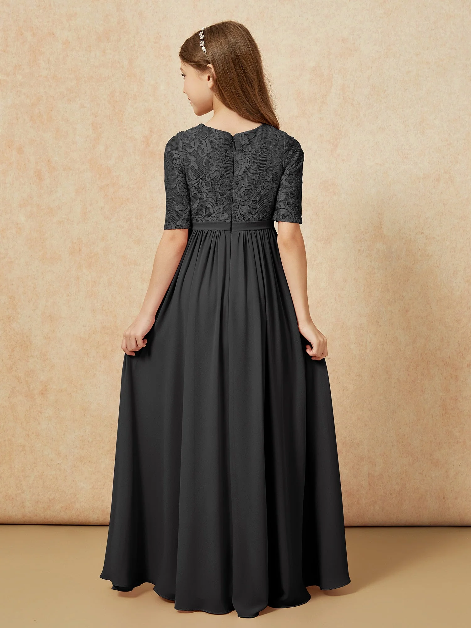 Halbarm Spitzen Oberteil Chiffon Junge Brautjungfernkleider Schwarz - Image 2