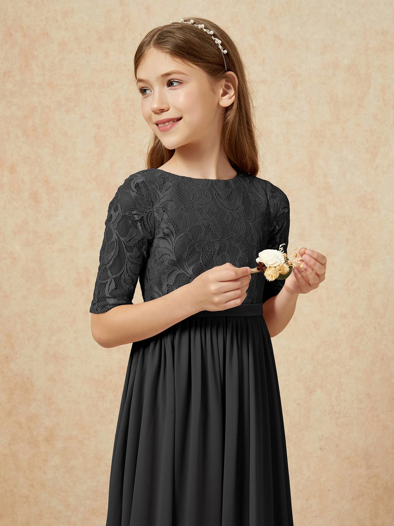 Halbarm Spitzen Oberteil Chiffon Junge Brautjungfernkleider Schwarz - Image 6
