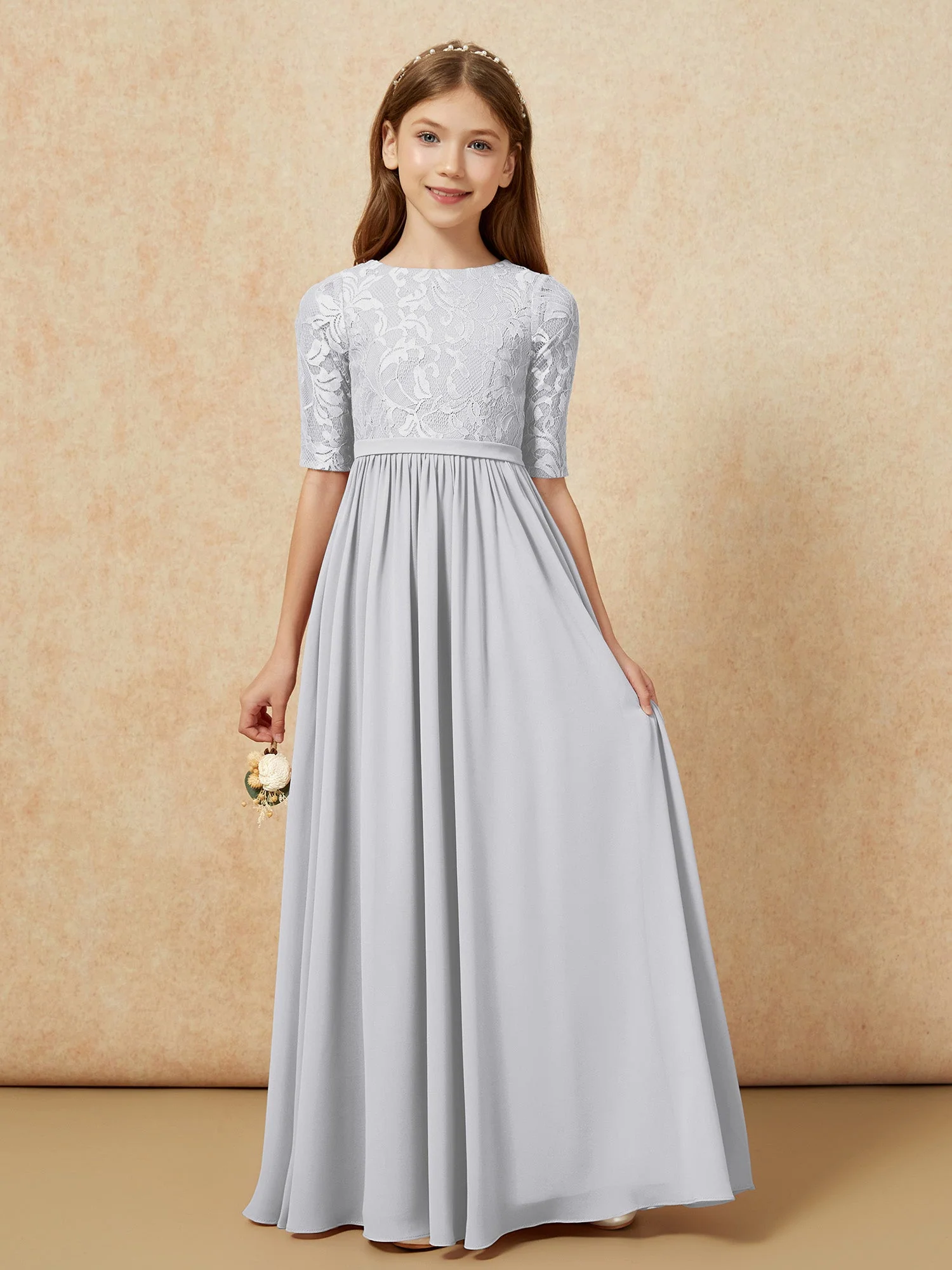 Halbarm Spitzen Oberteil Chiffon Junge Brautjungfernkleider Silber