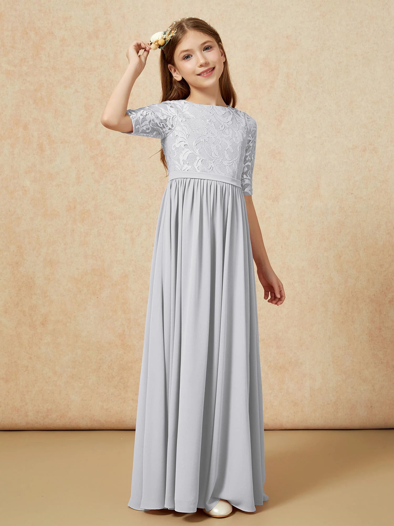 Halbarm Spitzen Oberteil Chiffon Junge Brautjungfernkleider Silber - Image 3