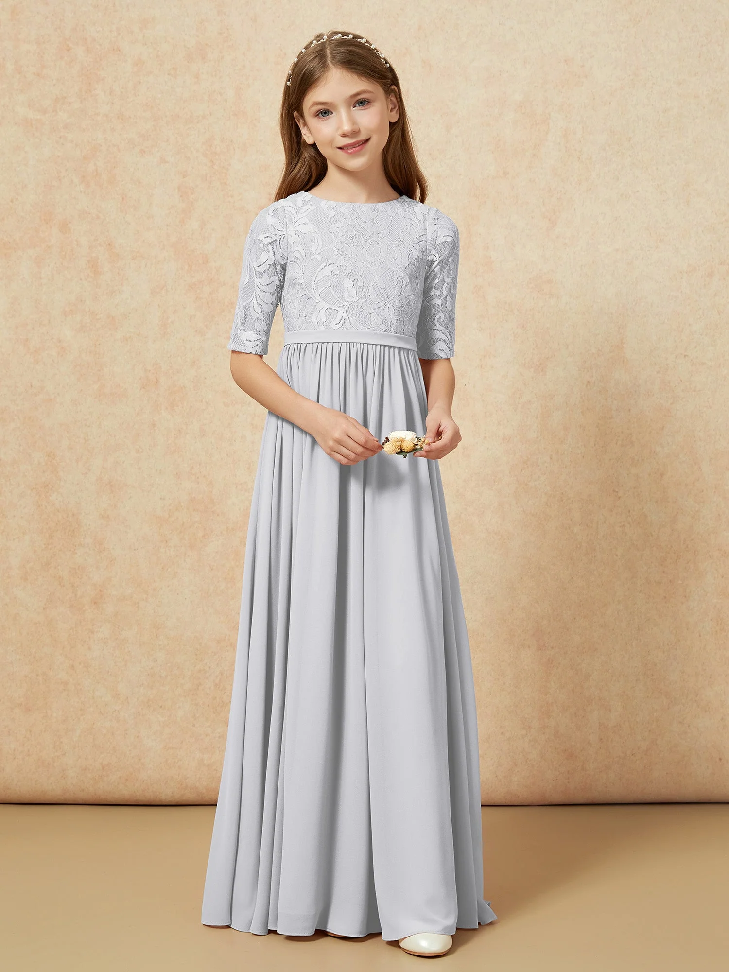 Halbarm Spitzen Oberteil Chiffon Junge Brautjungfernkleider Silber - Image 4