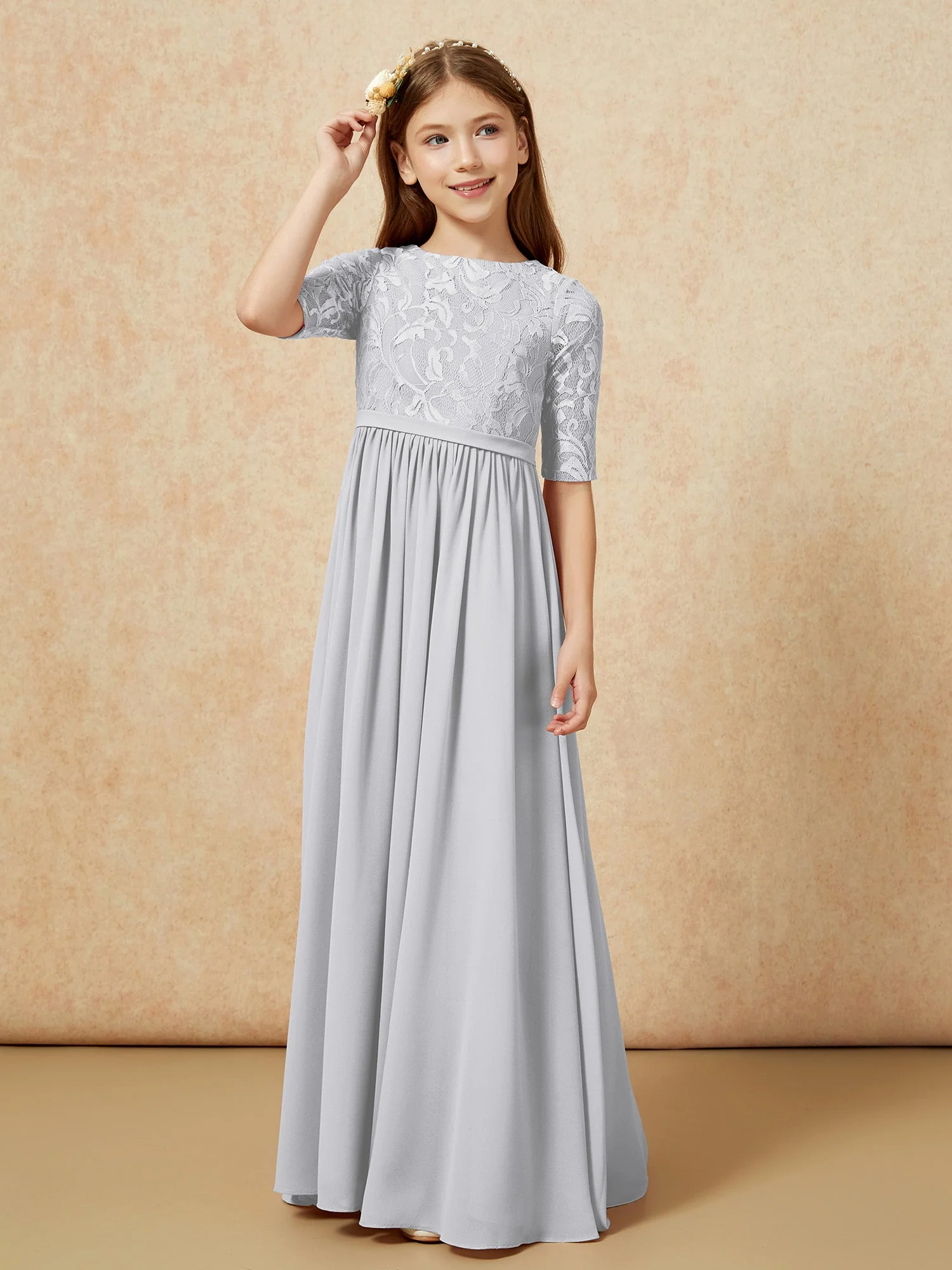 Halbarm Spitzen Oberteil Chiffon Junge Brautjungfernkleider Silber - Image 5