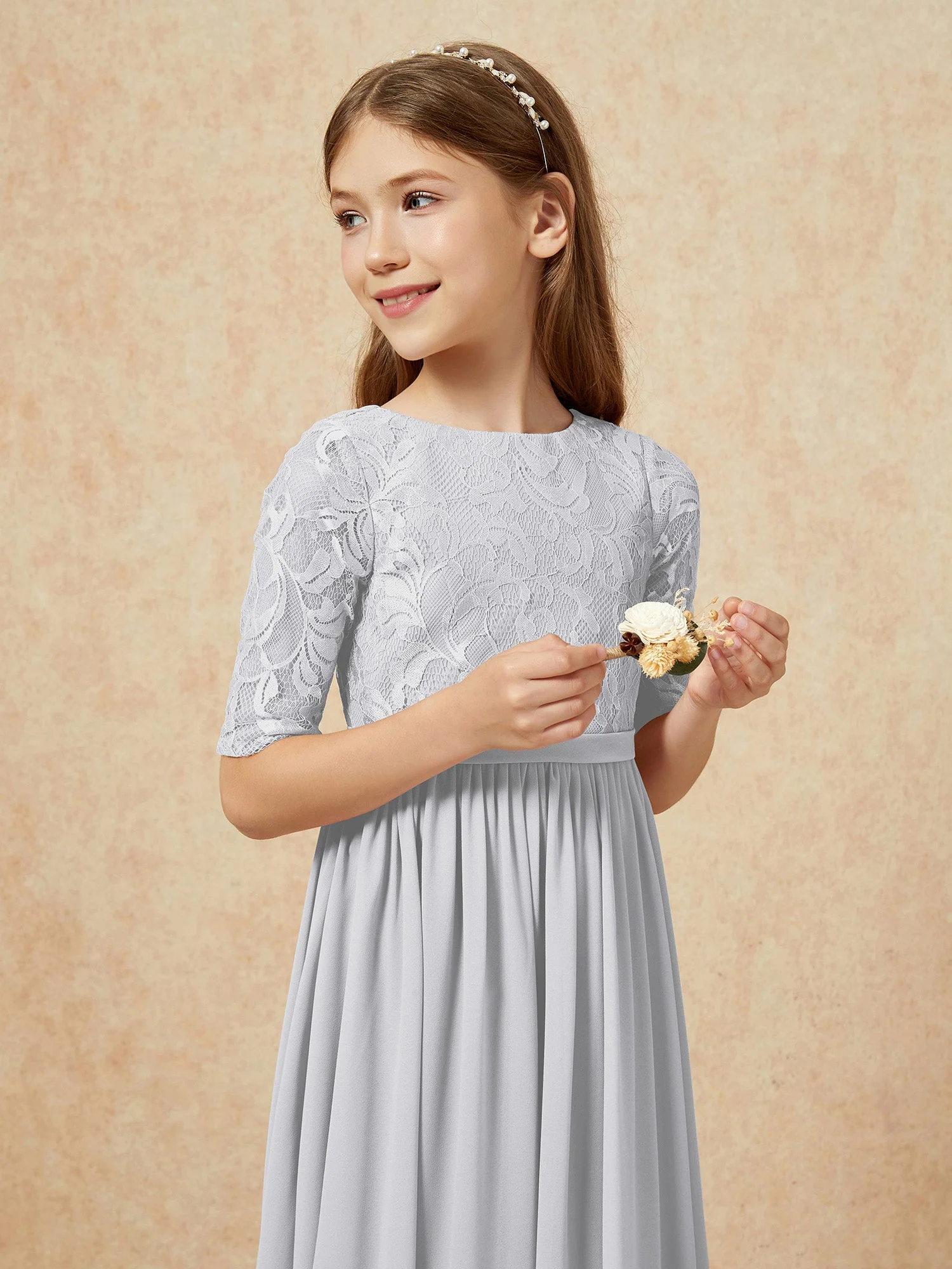 Halbarm Spitzen Oberteil Chiffon Junge Brautjungfernkleider Silber - Image 6