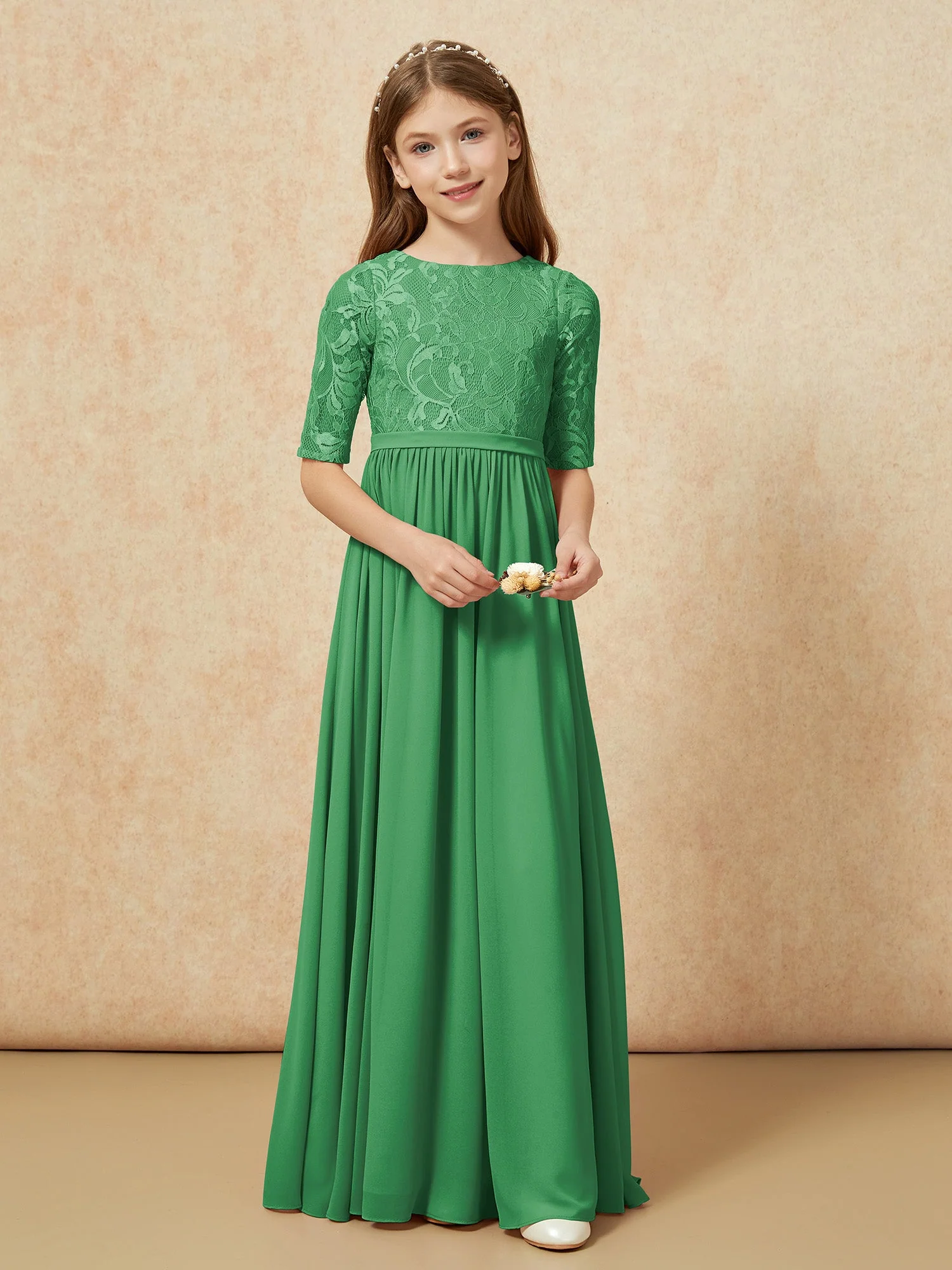 Halbarm Spitzen Oberteil Chiffon Junge Brautjungfernkleider Smaragd - Image 4